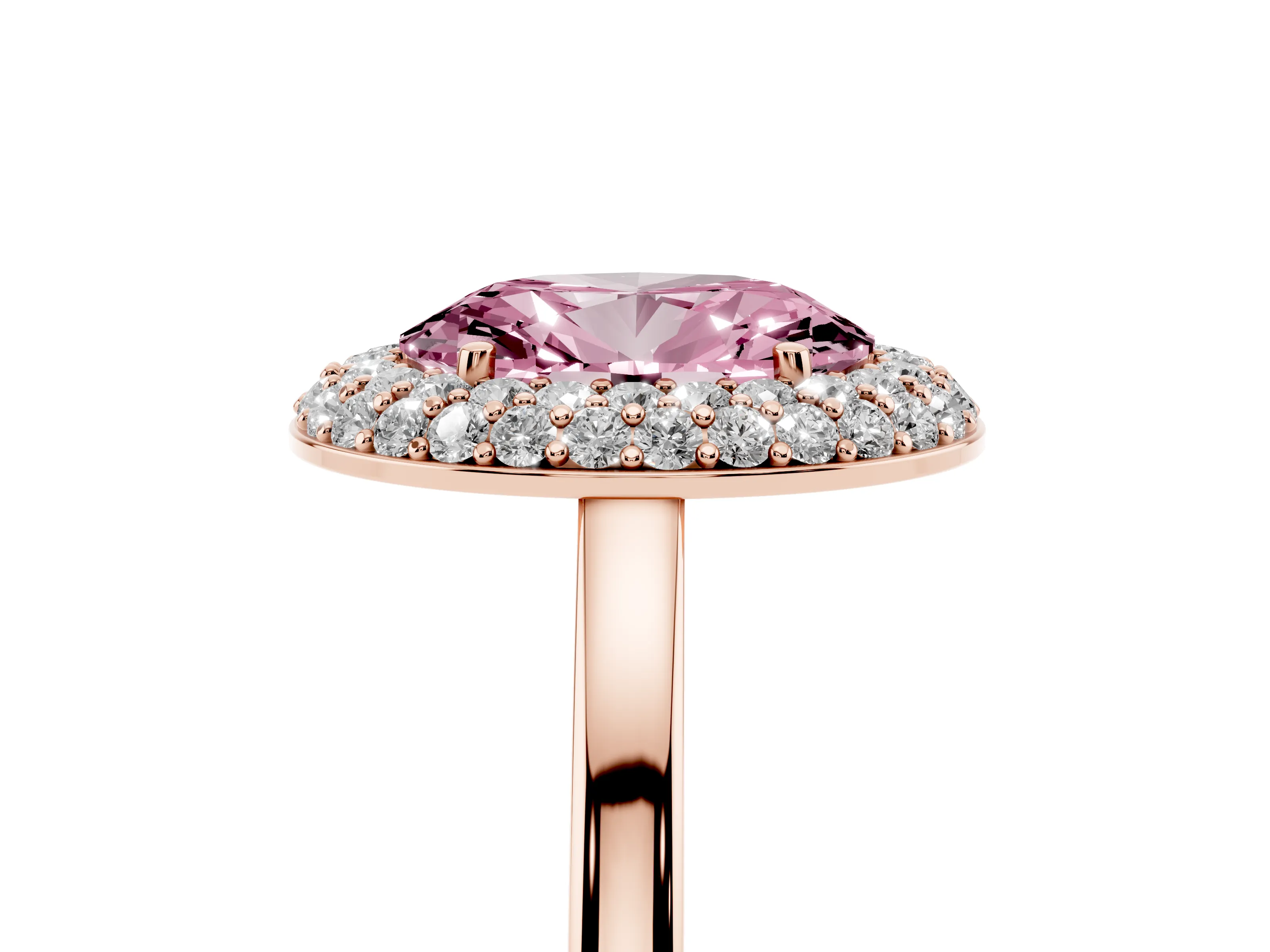 Fancy Pink Oval Cut Diamond Halo Engagement Ring Set in Rose gold with Solitaire Band and Prong Setting