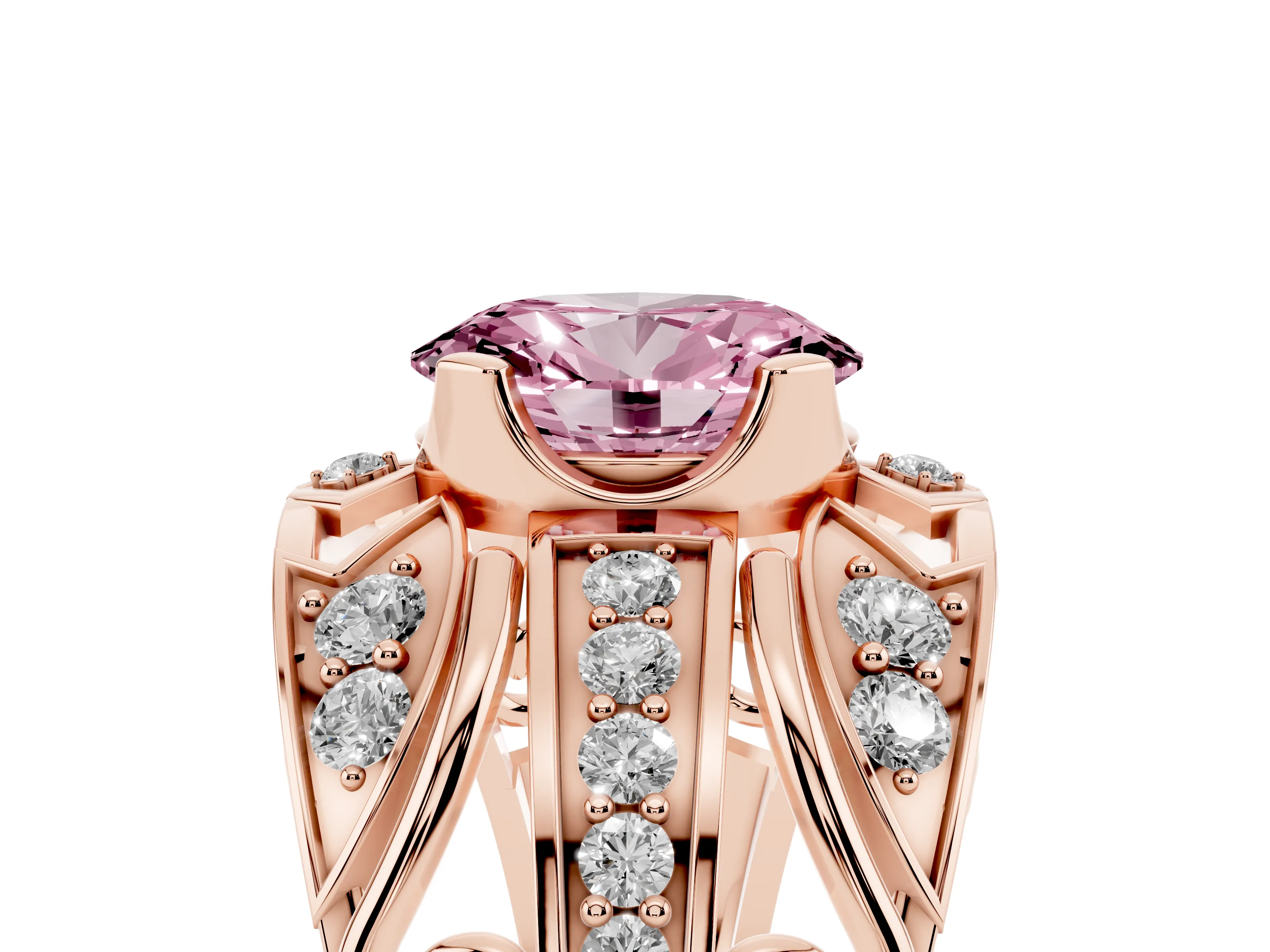 Fancy Pink Oval Cut Diamond Art Deco Ring Set in Rose gold with Pavé Split Shank