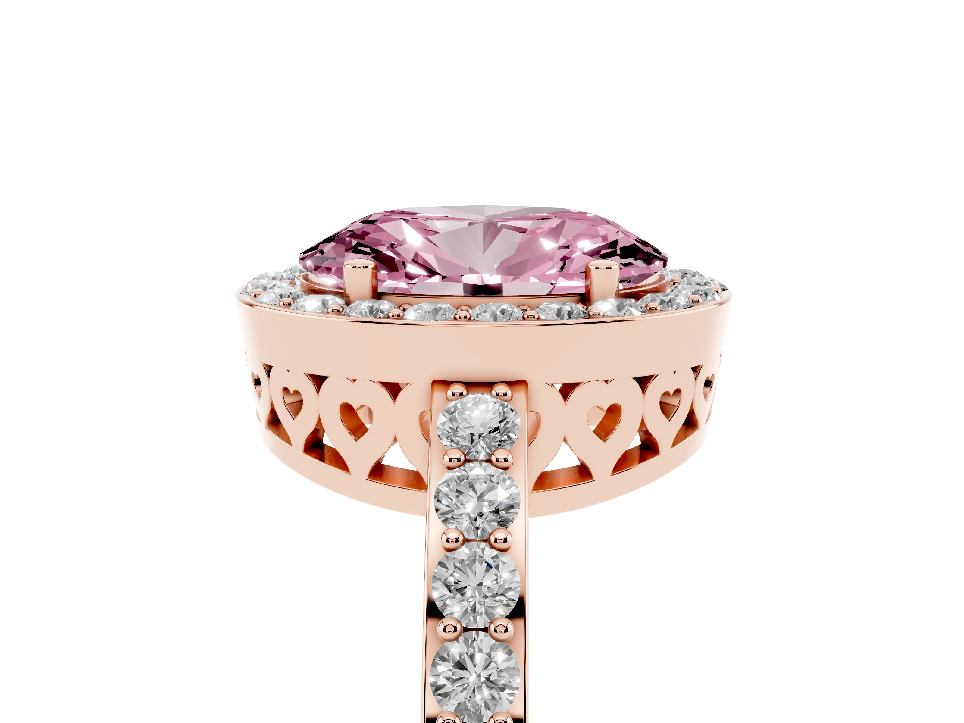 Fancy Pink Oval Cut Diamond Halo Ring Set in Rose gold with Pavé-Setting Band and Open Prong Center