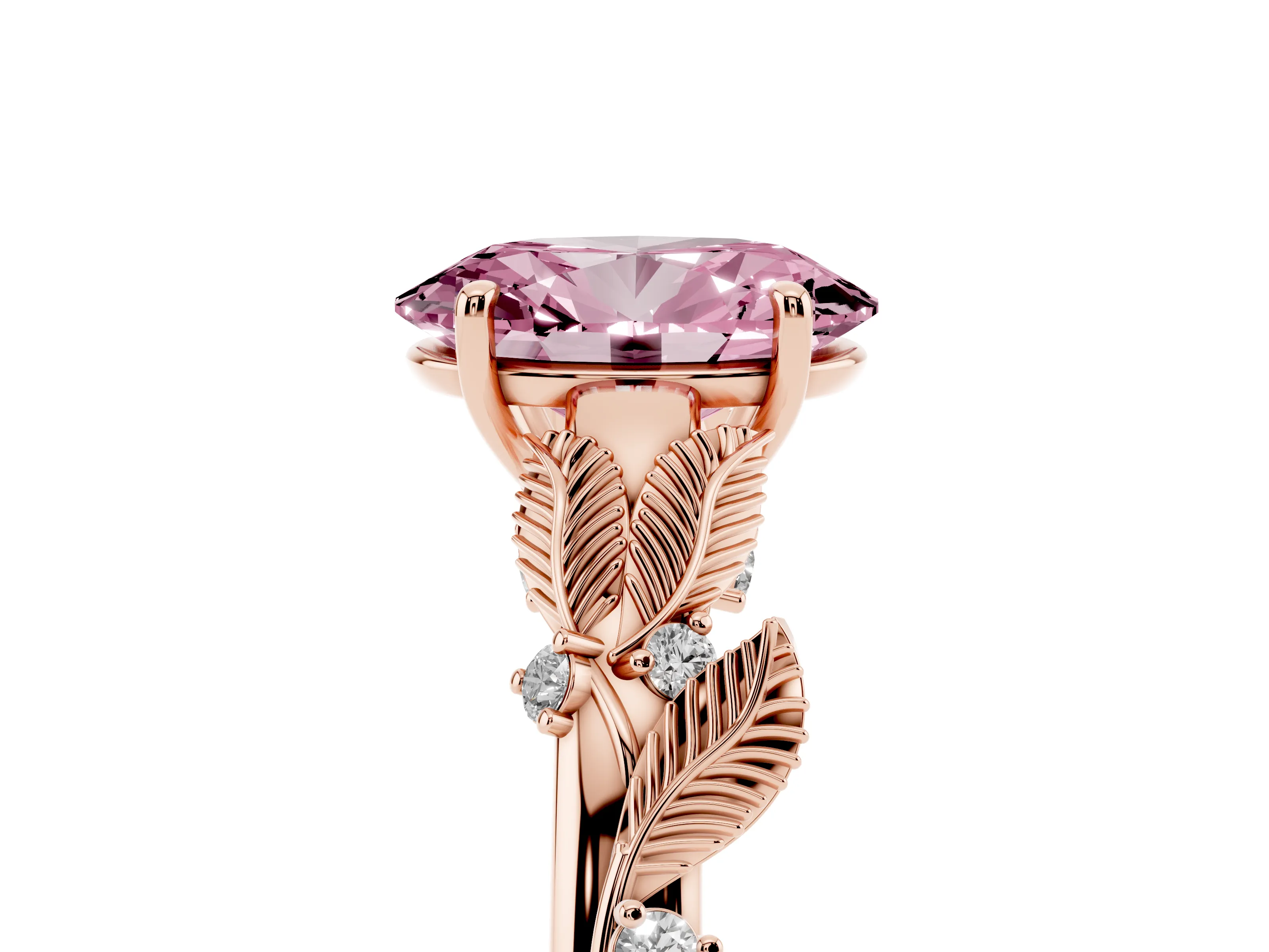 Fancy Pink Oval Cut Diamond Solitaire Ring Set in Rose gold with Leaf Motif Band