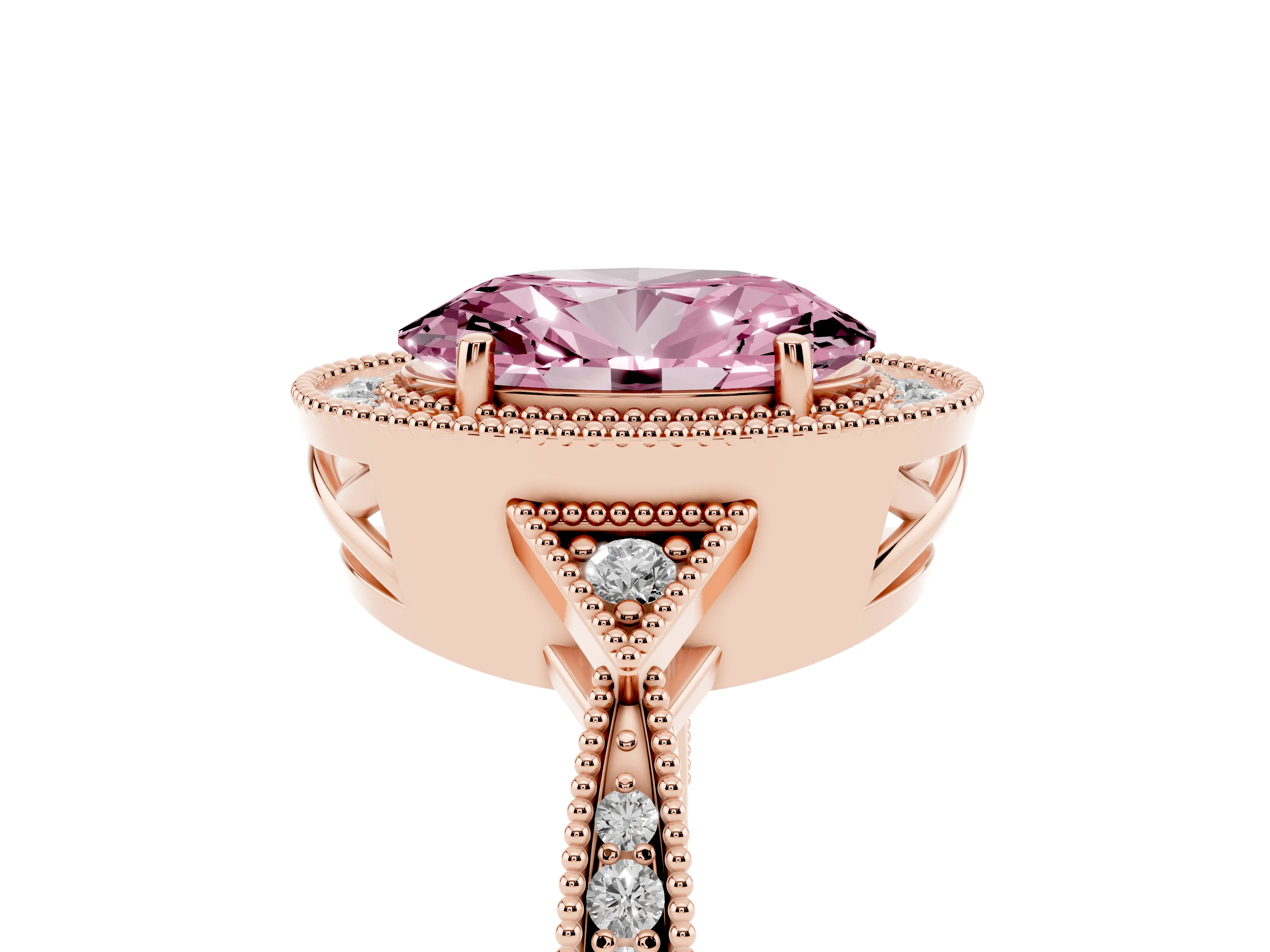 Fancy Pink Oval Cut Diamond Halo Engagement Ring Set in Rose gold with Milgrain Pavé Band