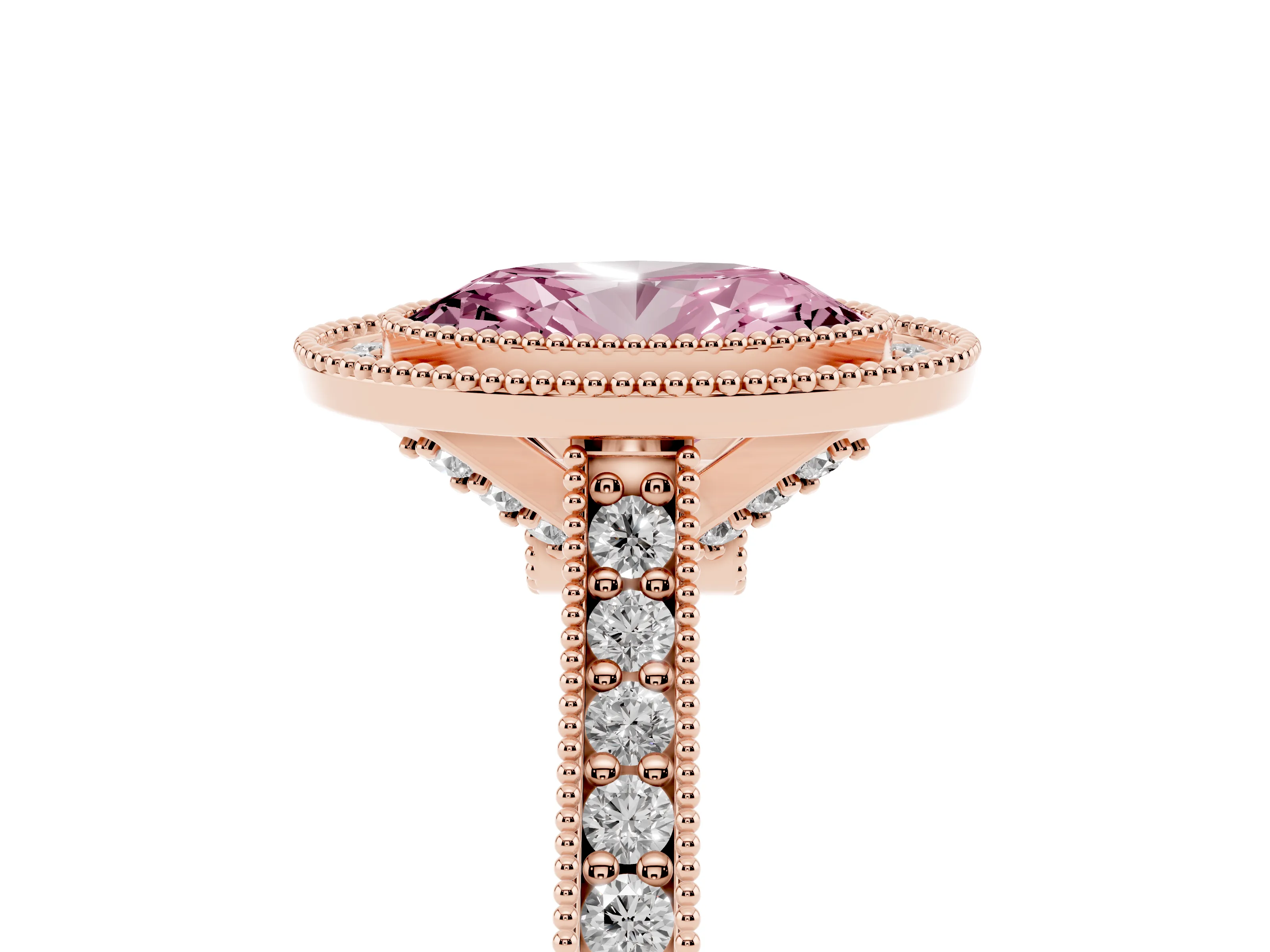 Fancy Pink Oval Cut Diamond Halo Milgrain Pavé Band Ring Set in Rose gold with Prong Setting