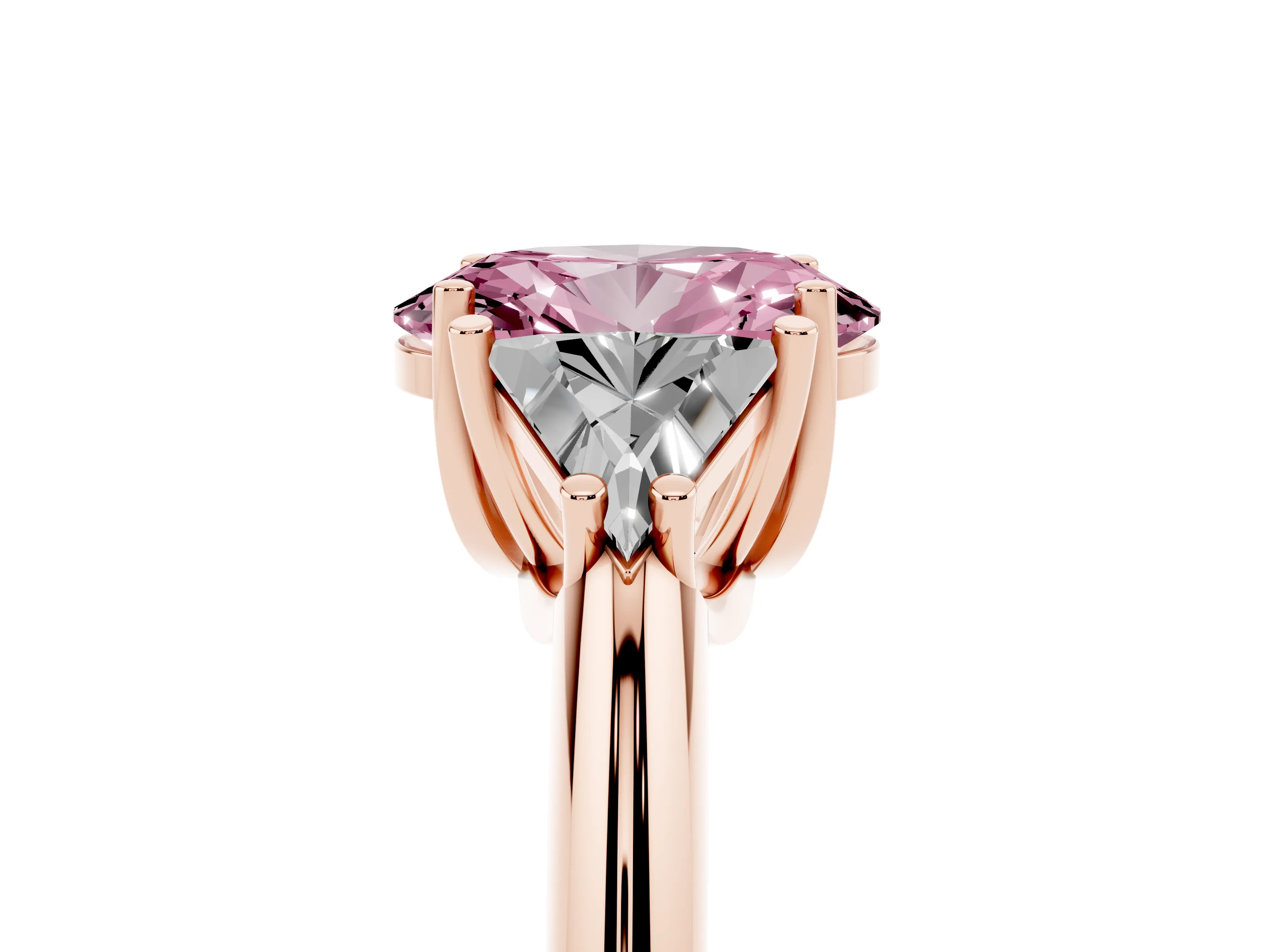 Fancy Pink Oval Cut Diamond Three-Stone Engagement Ring Set in Rose gold with Trillion Side Stones