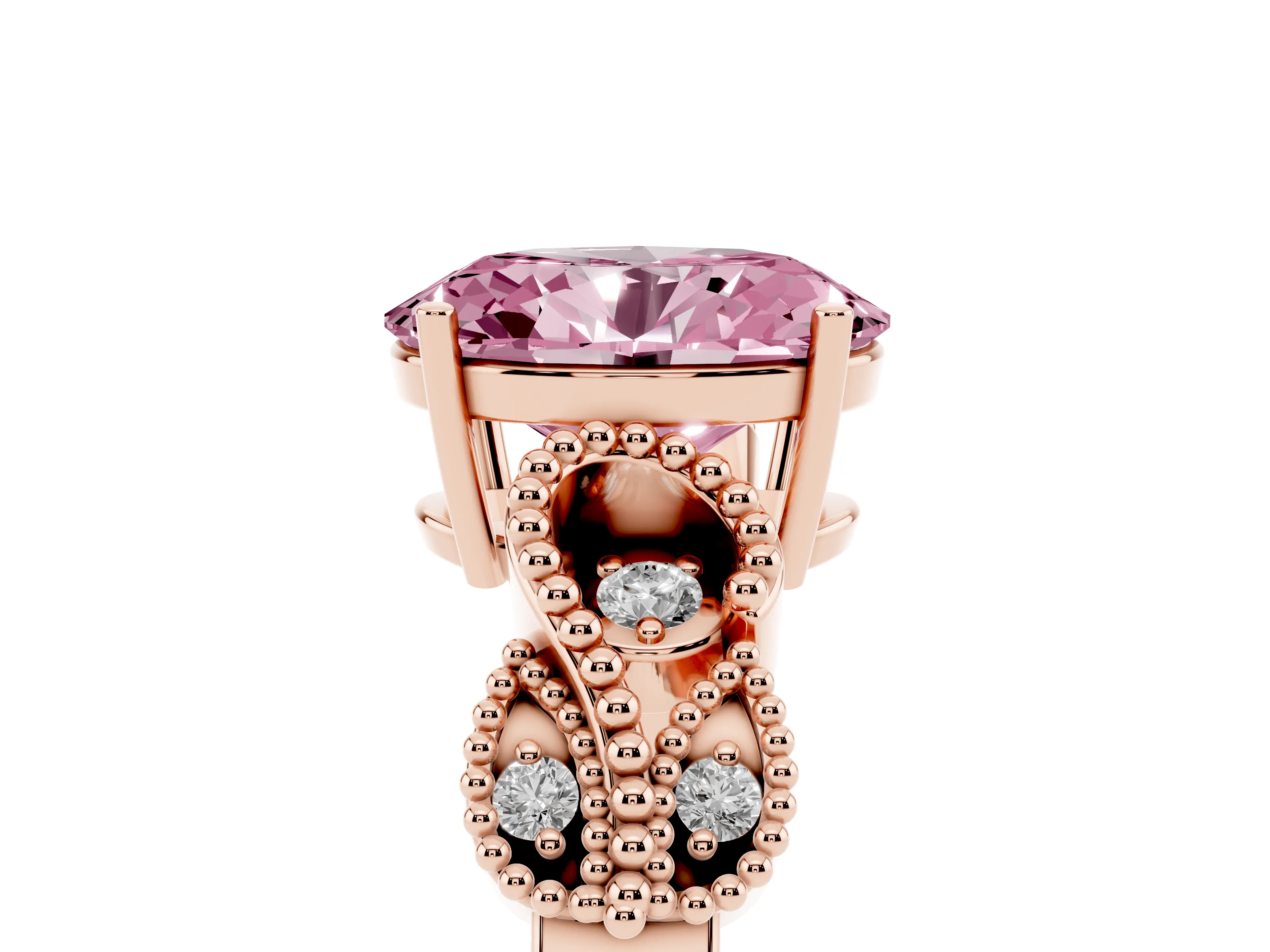 Fancy Pink Oval Cut Diamond Milgrain Leaf Band Solitaire Ring Set in Rose gold with Accent Stones and Prong Setting
