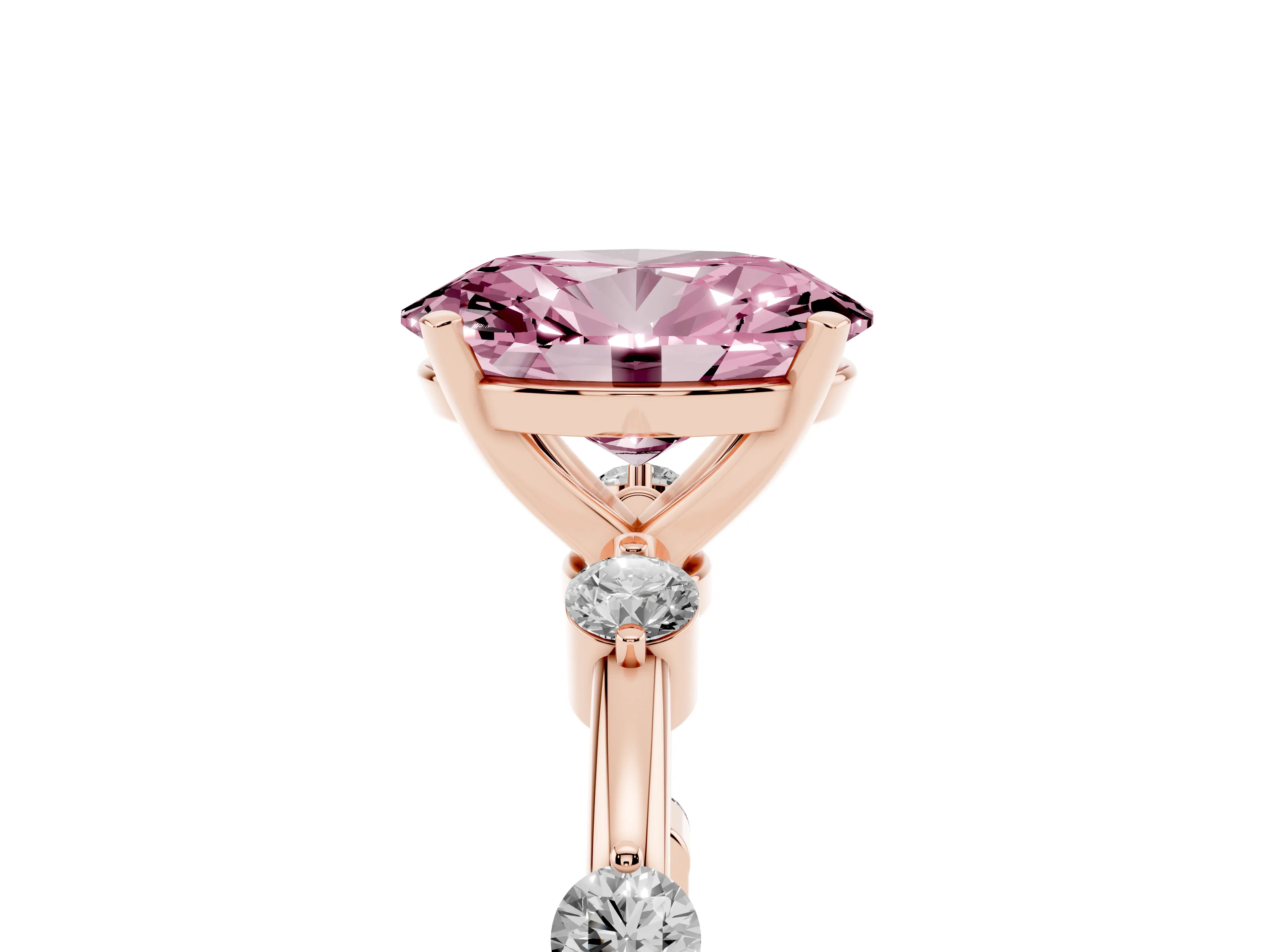 Fancy Pink Oval Cut Diamond Solitaire Ring Set in Rose gold with Bezel Set Side Stones and Prong Setting