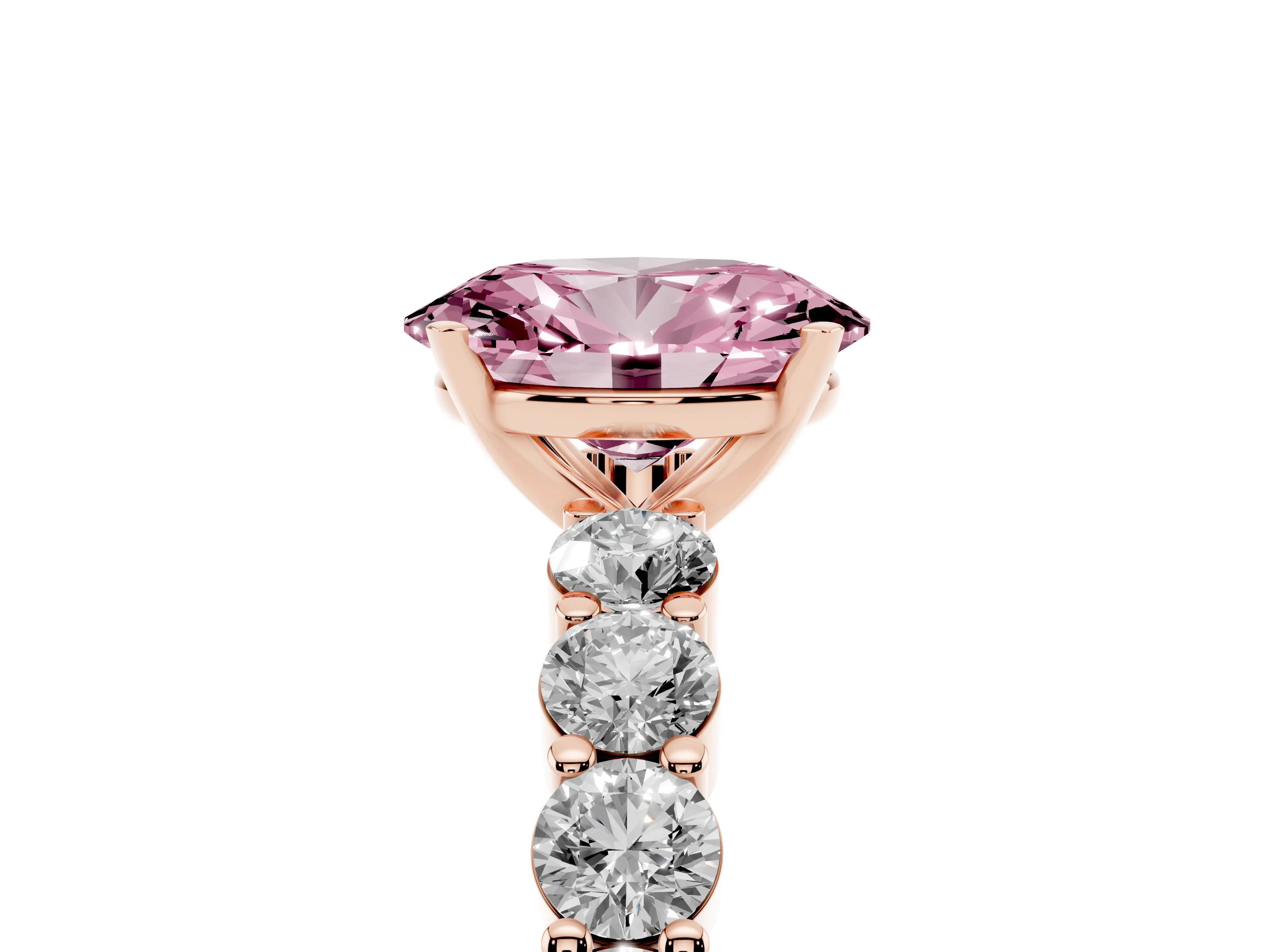 Fancy Pink Oval Cut Diamond Solitaire Ring Set in Rose gold with Shared Prong Round Side Stones