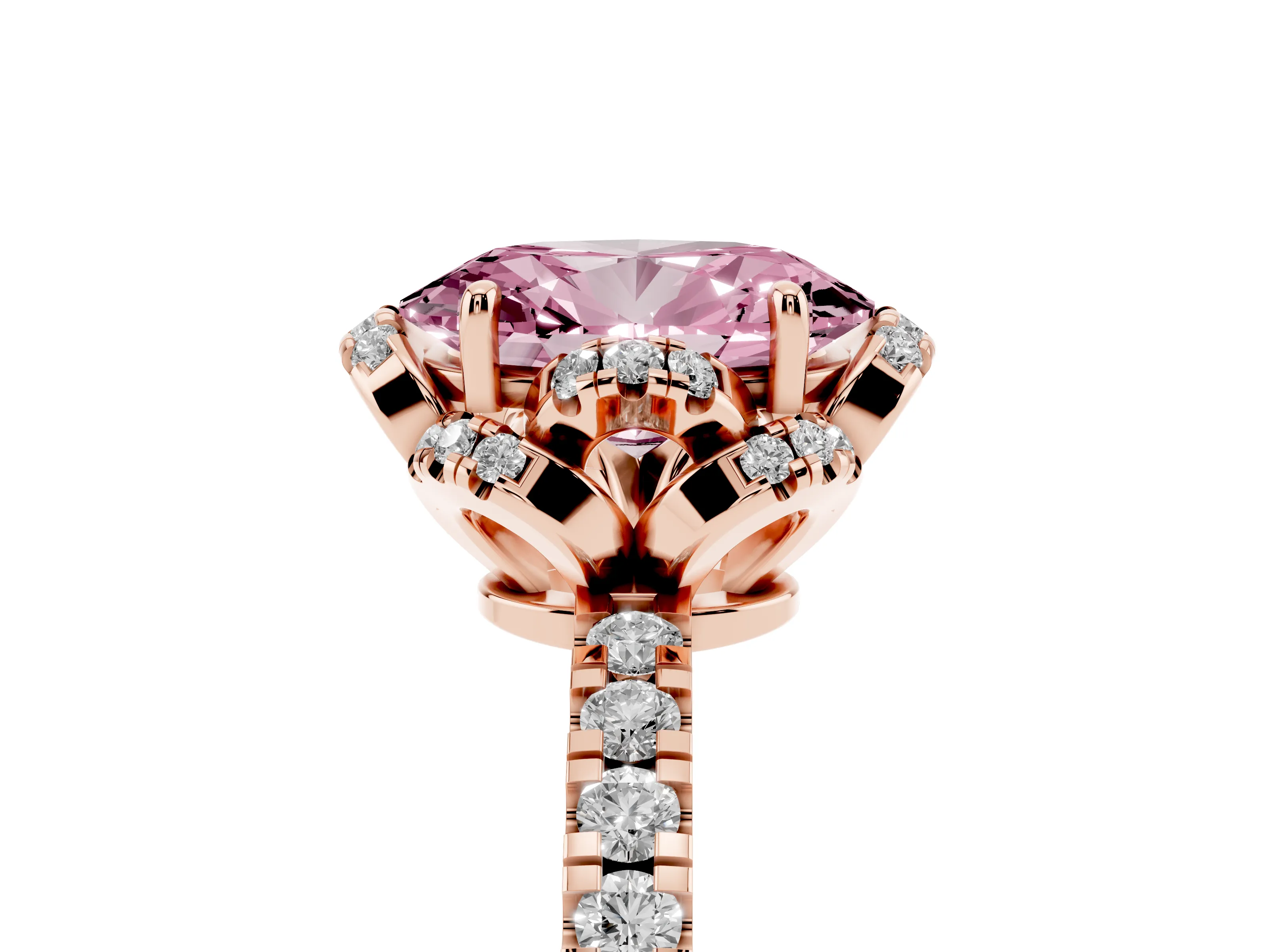 Fancy Pink Oval Cut Diamond Halo Pavé Band Ring Set in Rose gold with Prong-Held Center