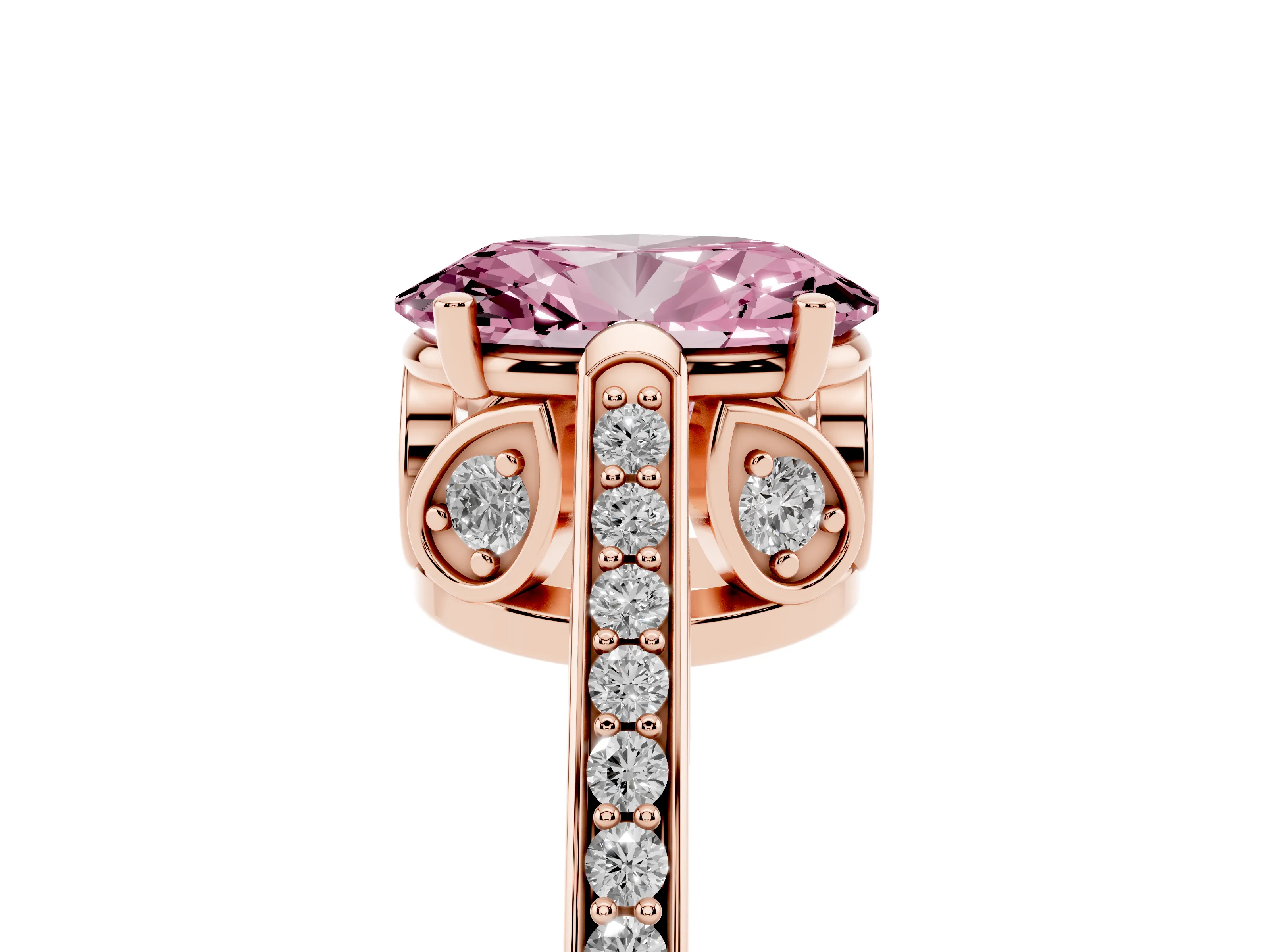Fancy Pink Oval Cut Diamond Cathedral Pavé Engagement Ring Set in Rose gold with Prong Setting