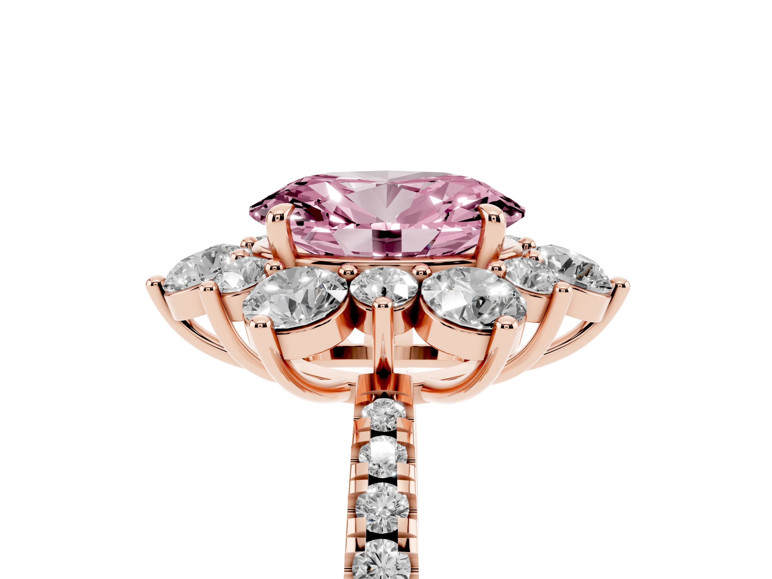 Fancy Pink Oval Cut Diamond Floral Halo Ring Set in Rose gold with Round Pavé Band and Prong Setting