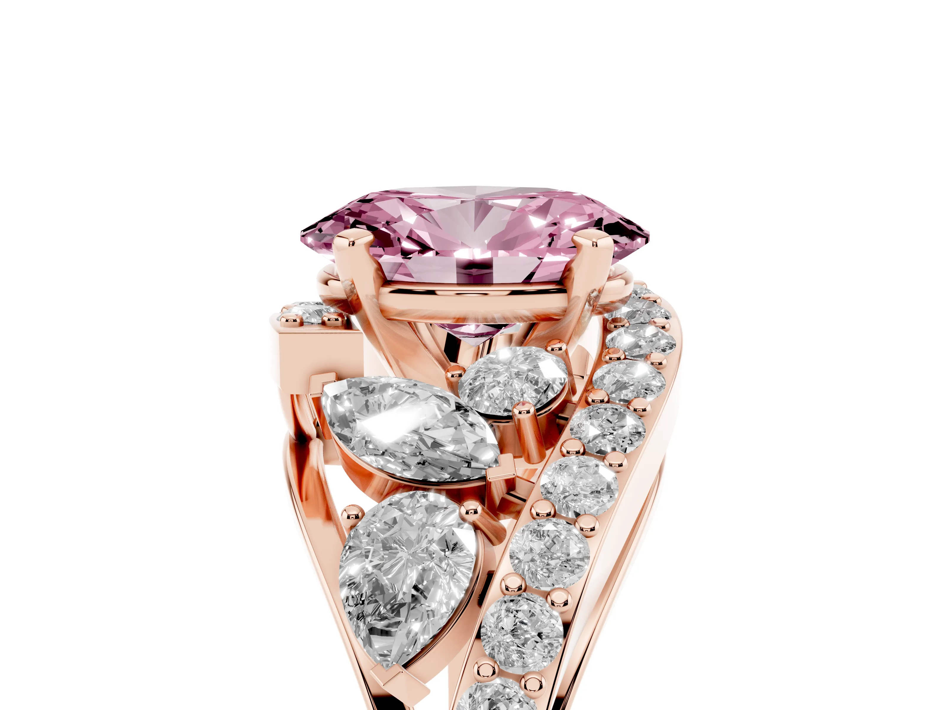 Fancy Pink Oval Cut Diamond Halo Ring Set in Rose gold with Marquise and Pavé Band in Prong Setting
