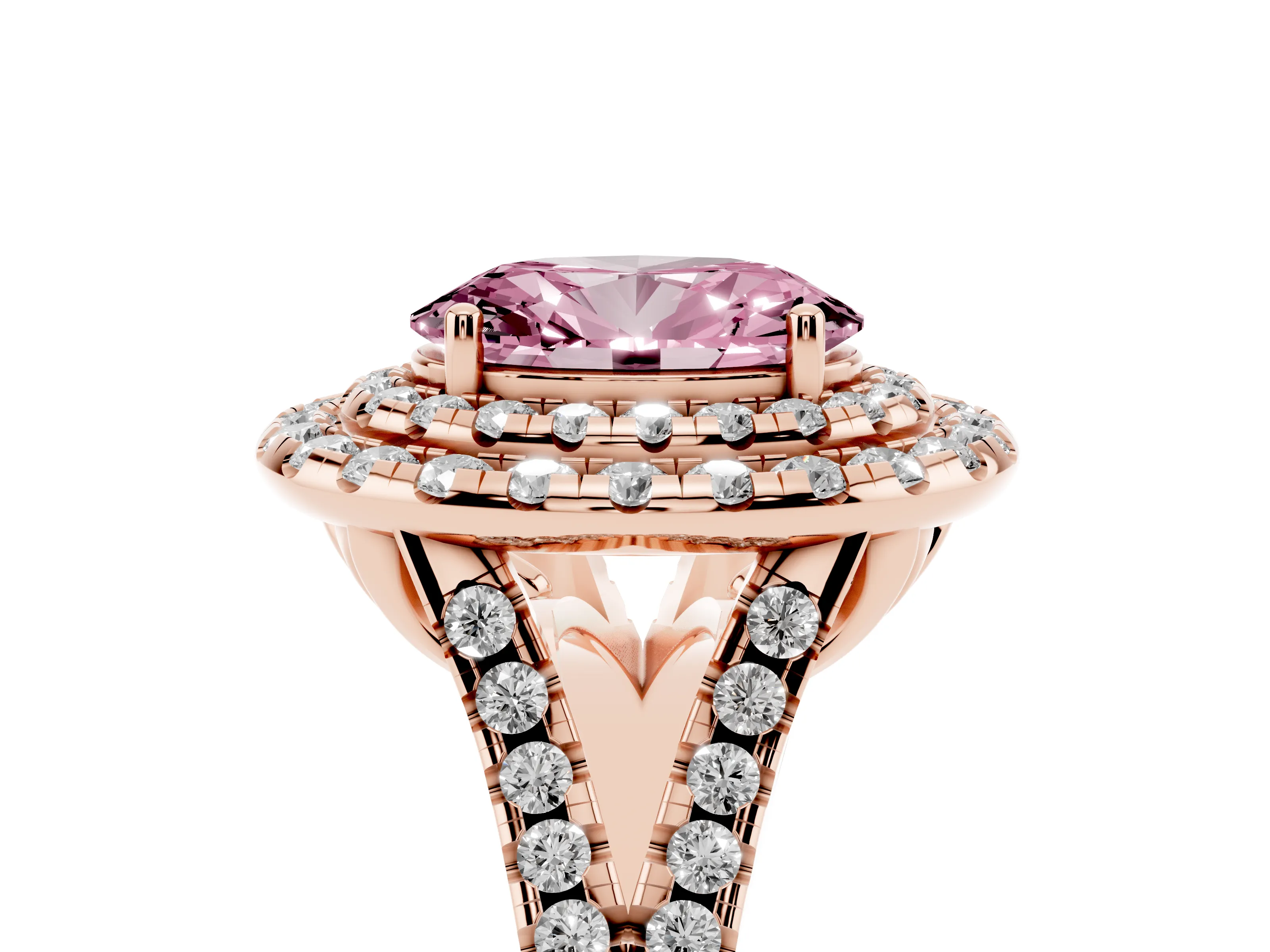 Fancy Pink Oval Cut Diamond Double Halo Ring Set in Rose gold with Pavé Split Shank and Prong Setting