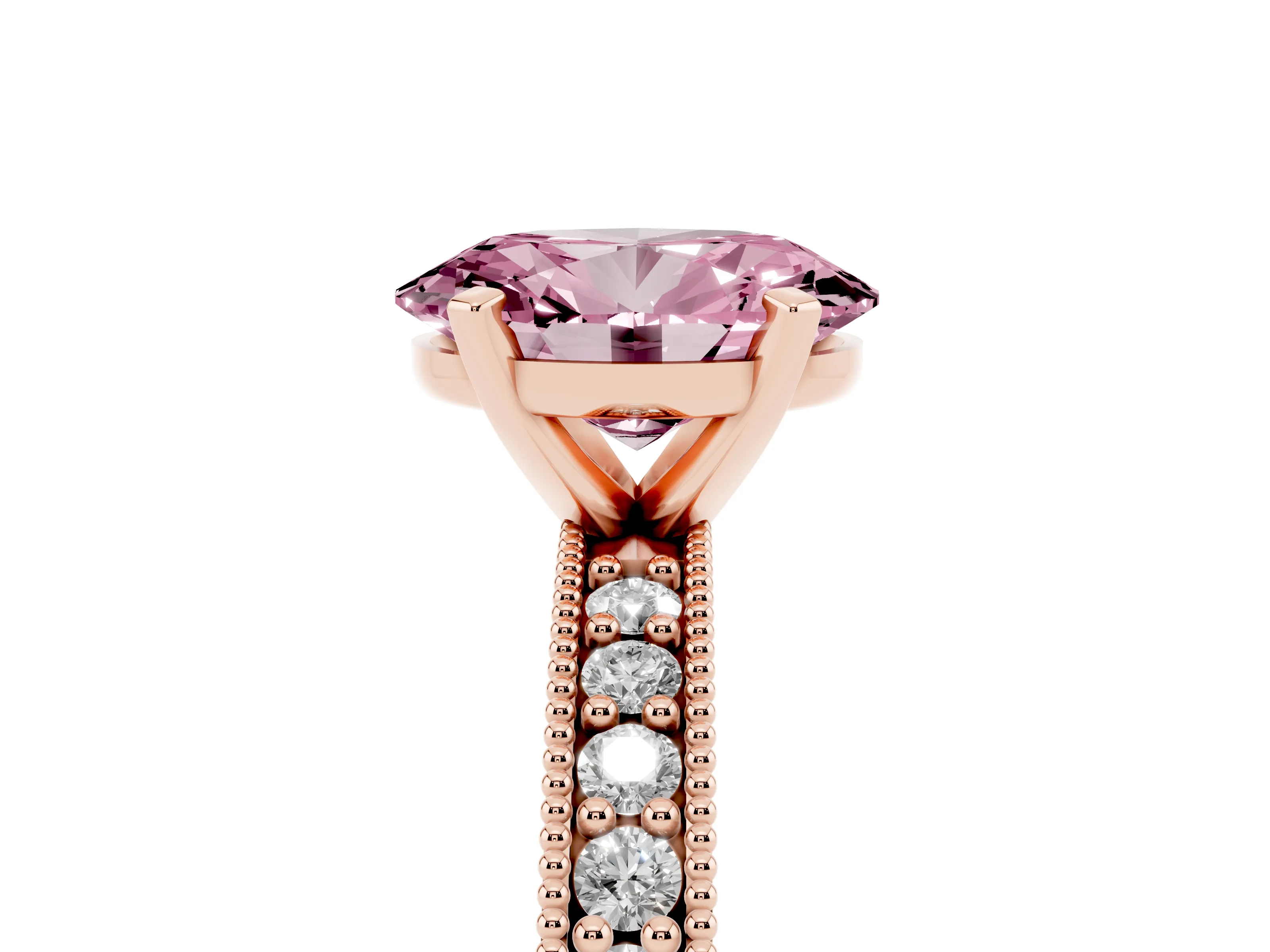 Fancy Pink Oval Cut Diamond Milgrain Pavé Engagement Ring Set in Rose gold with Prong Setting