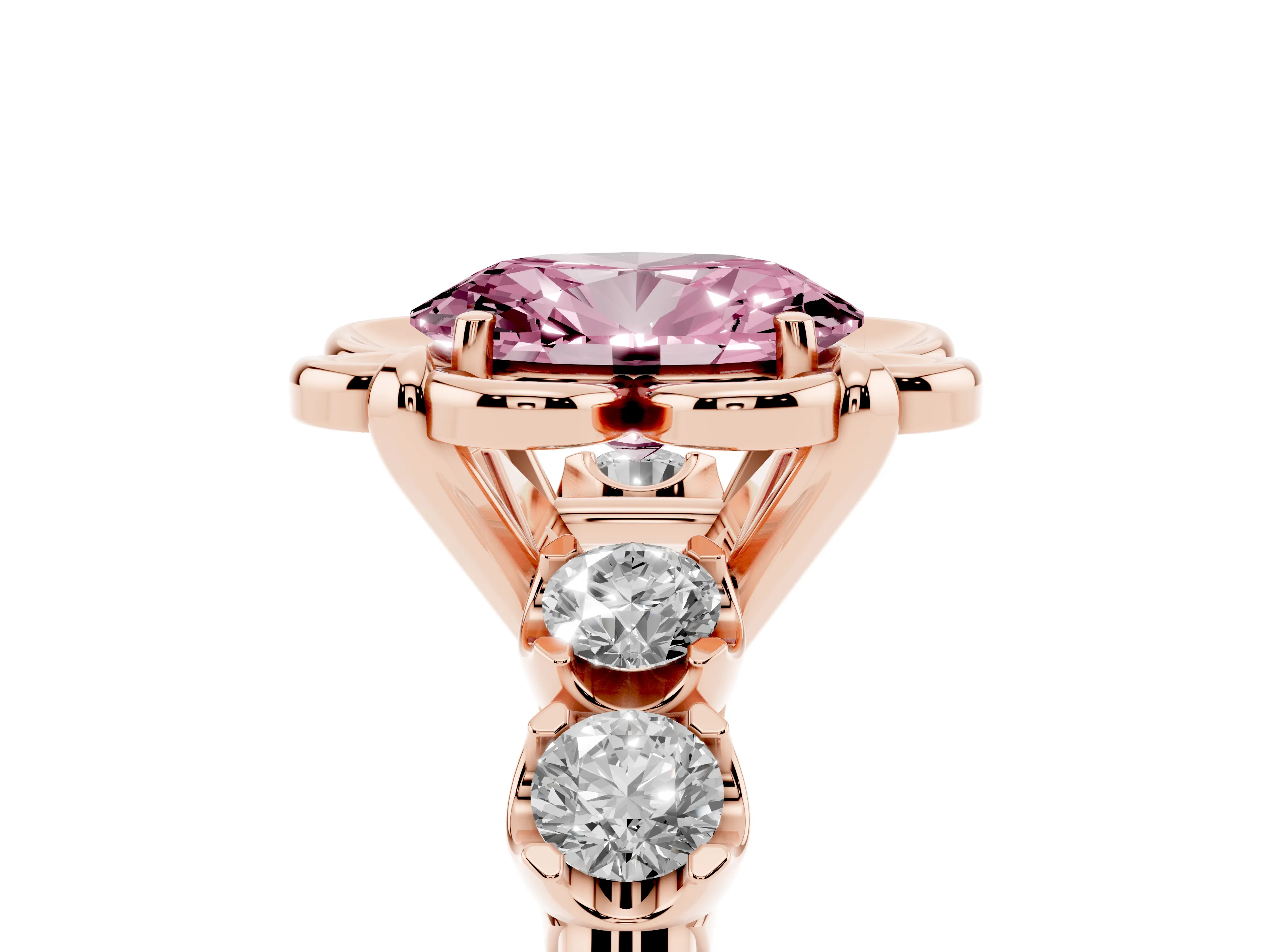 Fancy Pink Oval Cut Diamond Floral Halo Ring Set in Rose gold with Shared Prong Band