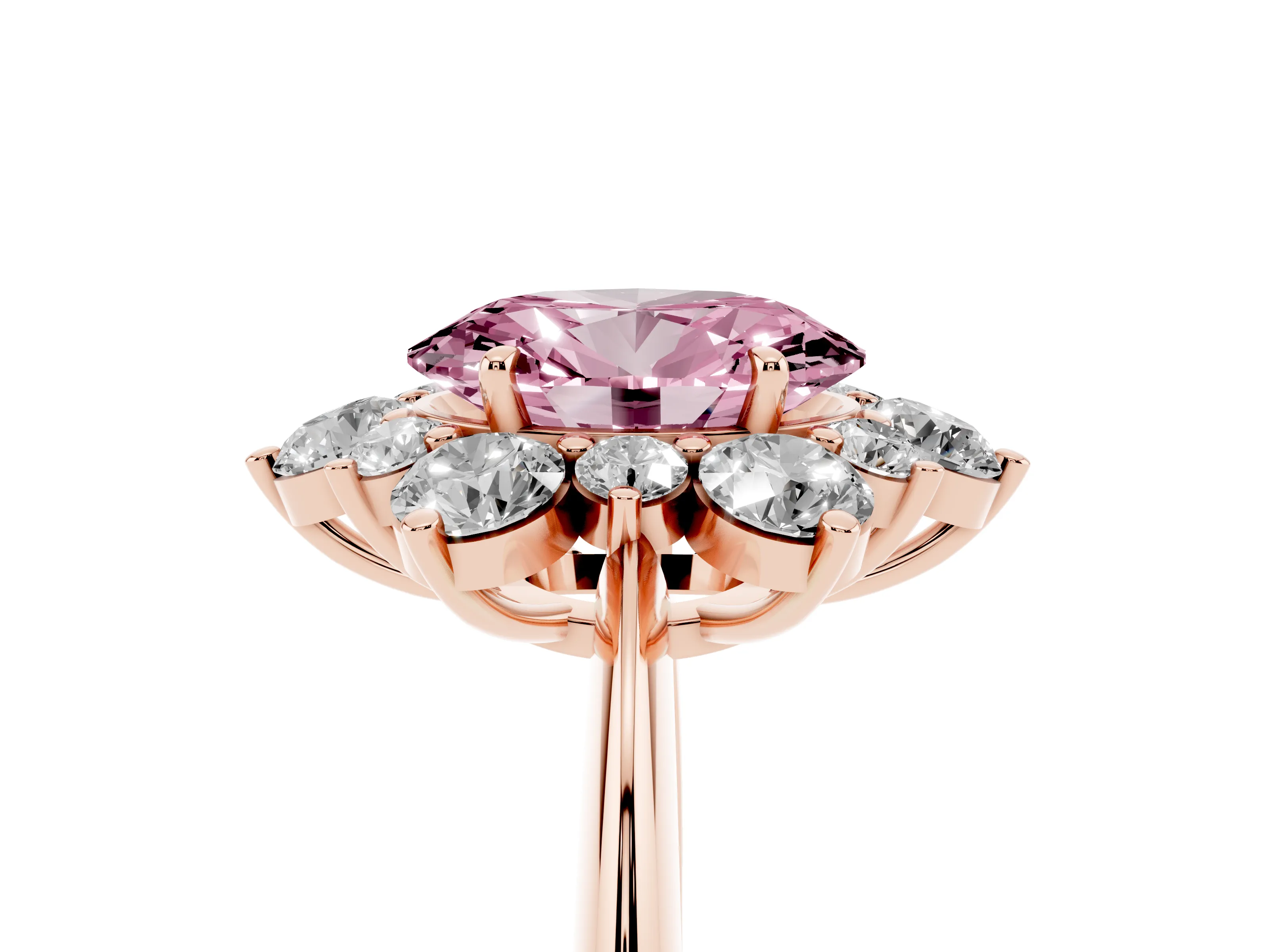 Fancy Pink Oval Cut Diamond Cluster Halo Ring Set in Rose gold with Solitaire Band and Prong Setting