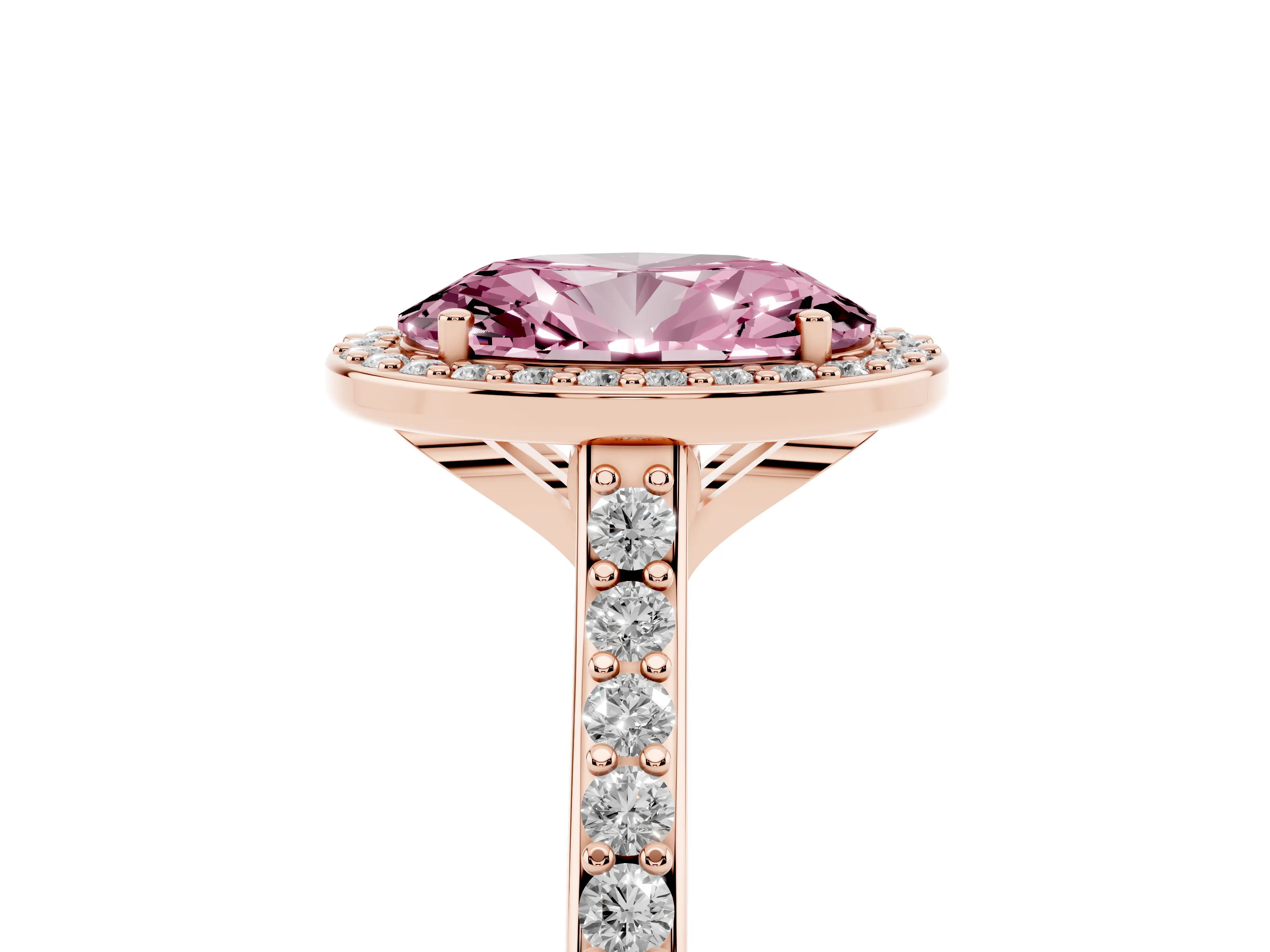 Fancy Pink Oval Cut Diamond Halo Engagement Ring Set in Rose gold with Round Pavé Shoulders and Heart Gallery