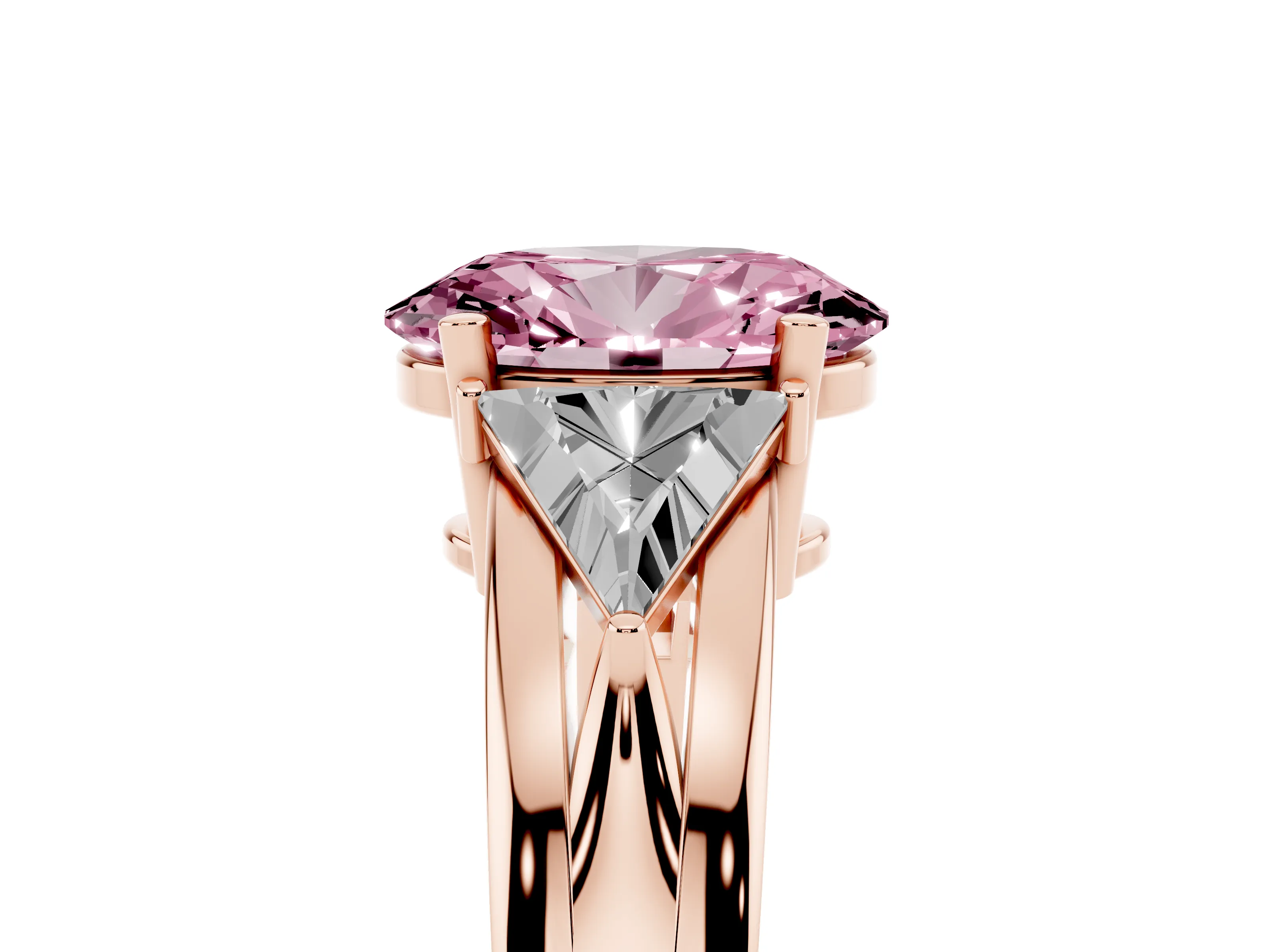 Fancy Pink Oval Cut Diamond Three-Stone Ring Set in Rose gold with Trillion Side Stones and Split Shank