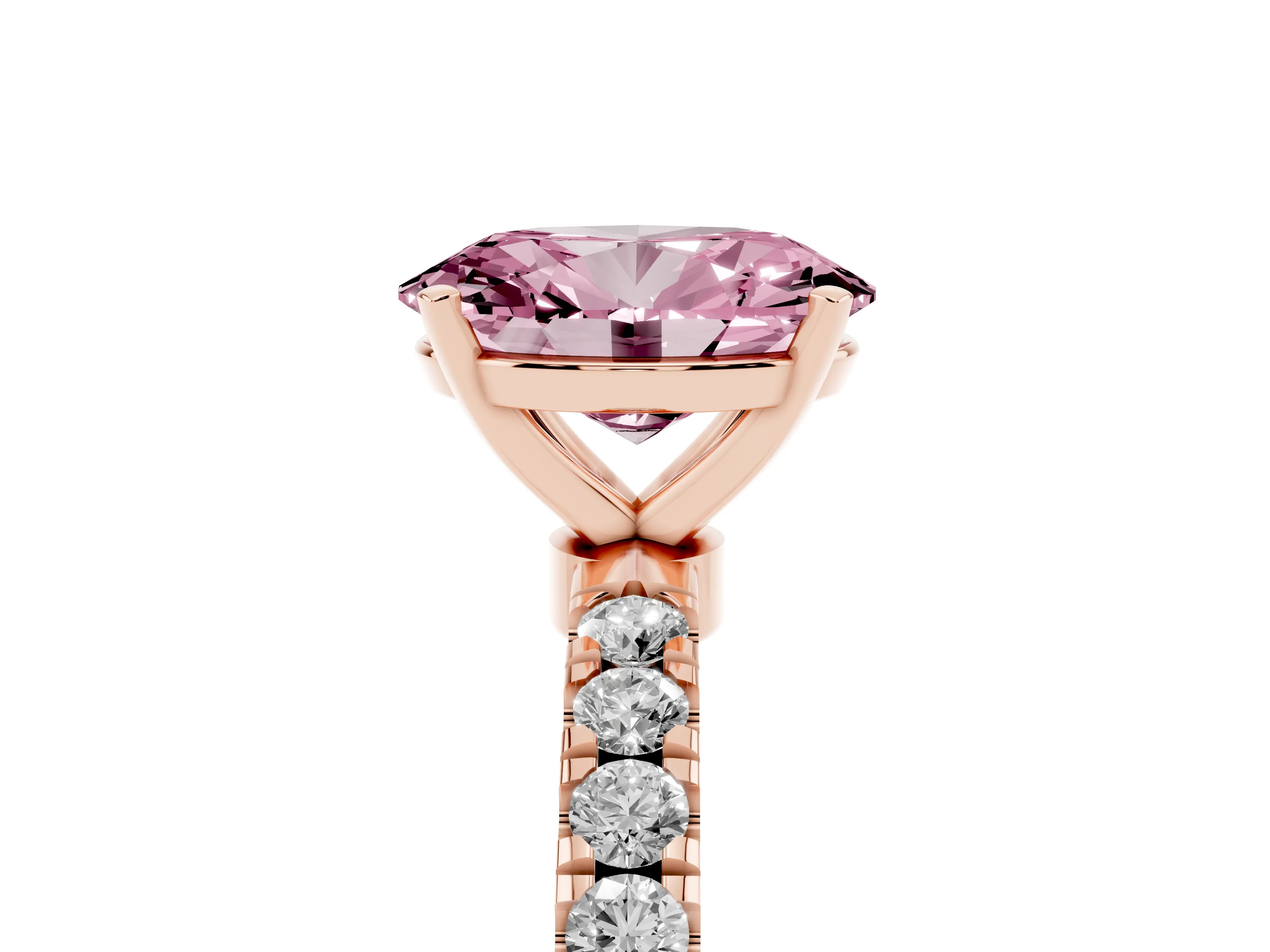 Fancy Pink Oval Cut Diamond Solitaire Ring Set in Rose gold with Pavé Accents and Prong Setting