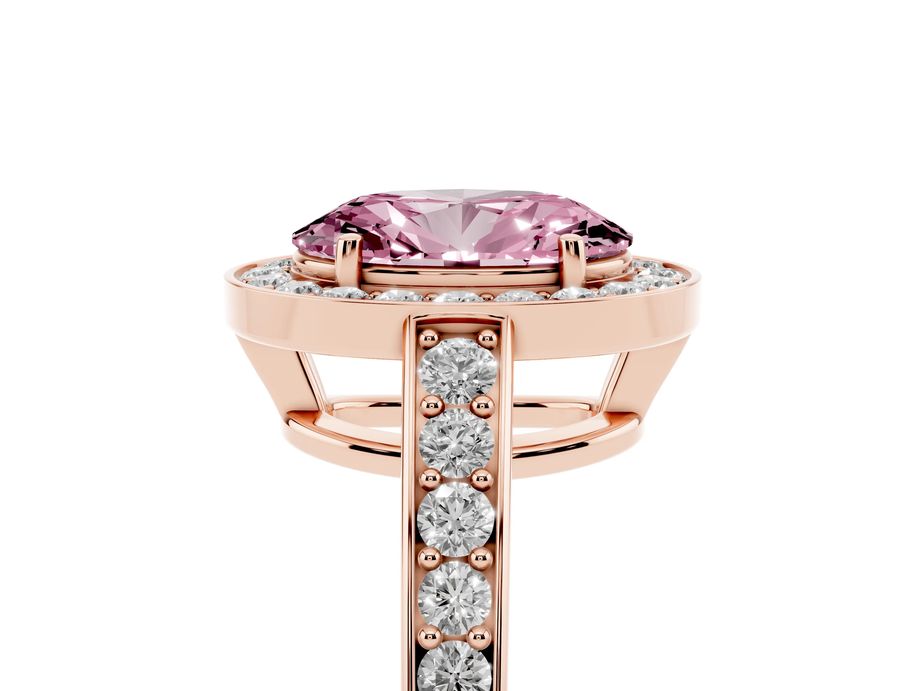 Fancy Pink Oval Cut Diamond Halo Pavé Engagement Ring Set in Rose gold with Bezel Setting