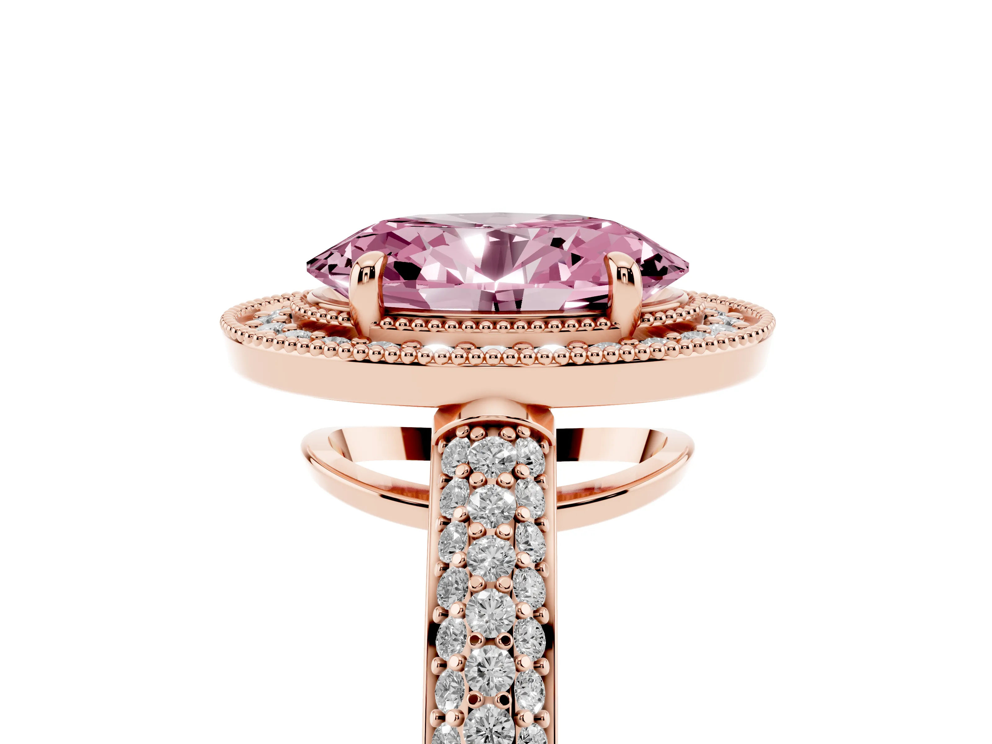 Fancy Pink Oval Cut Diamond Halo Pavé Band Set in Rose gold with Prong Setting