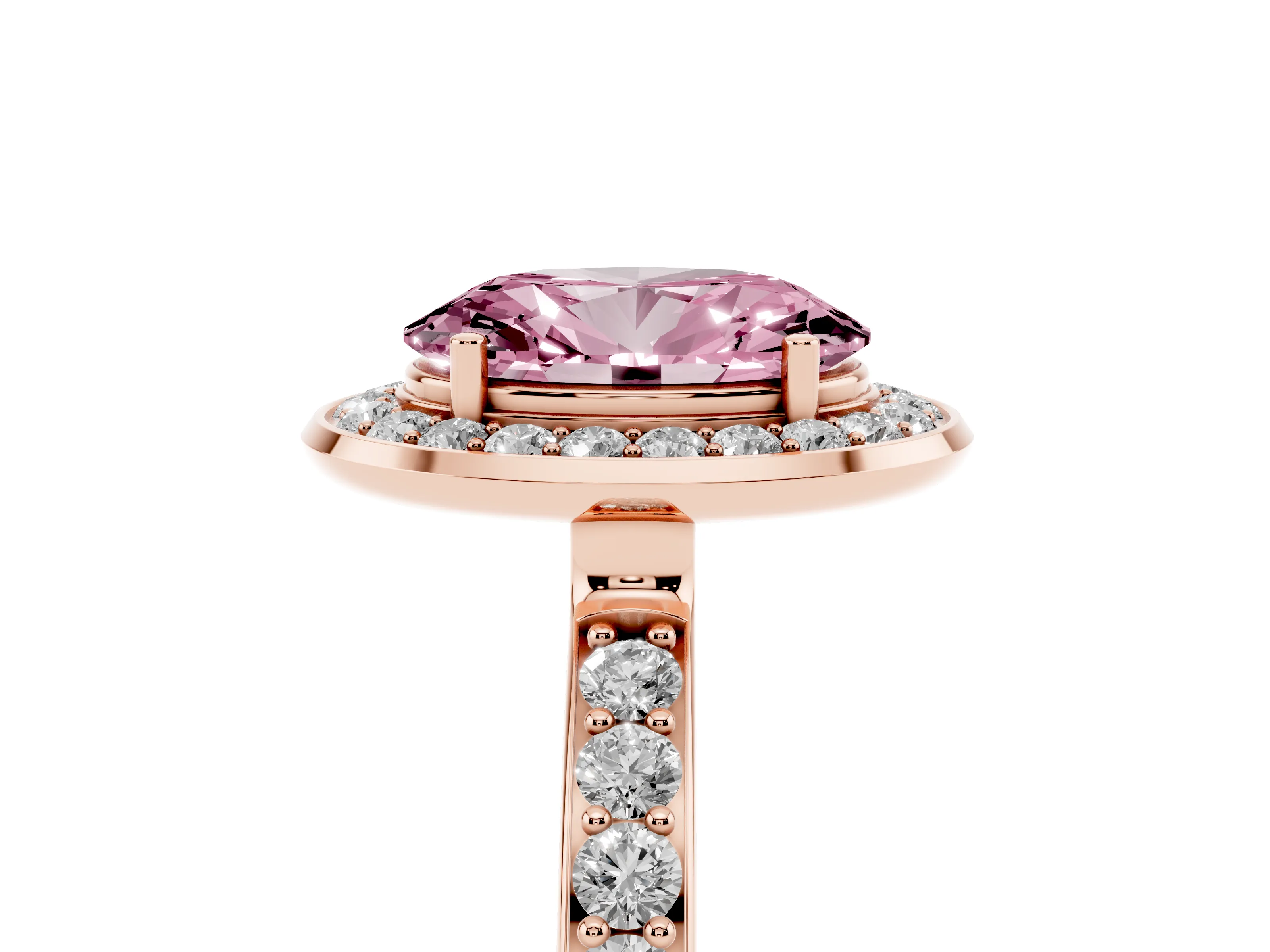 Fancy Pink Oval Cut Diamond Halo Ring Set in Rose gold with Bezel Frame and Pavé Band
