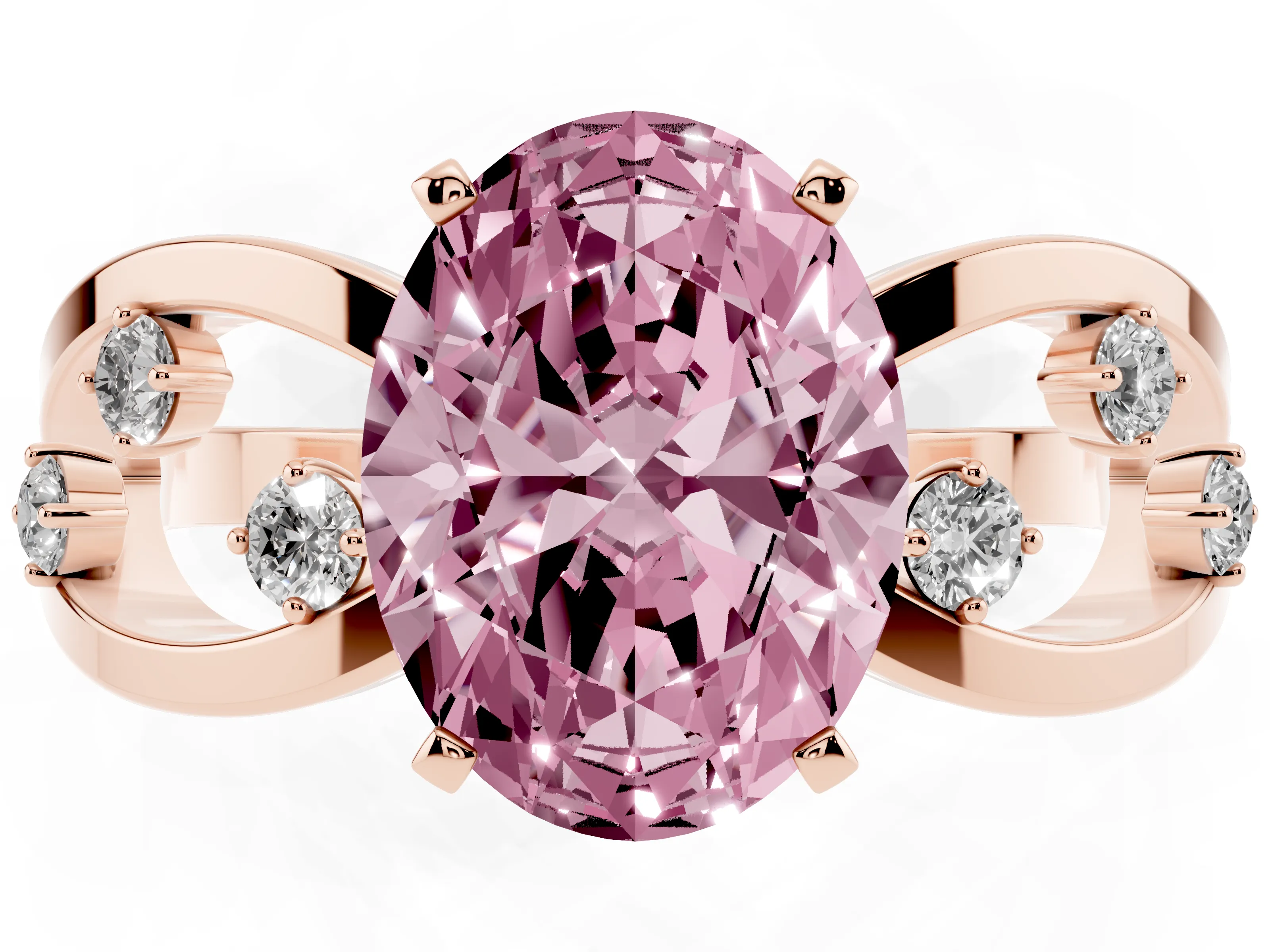 Fancy Pink Oval Cut Diamond Solitaire Ring Set in Rose gold with Side Stones on Criss-Cross Band and Prong Setting