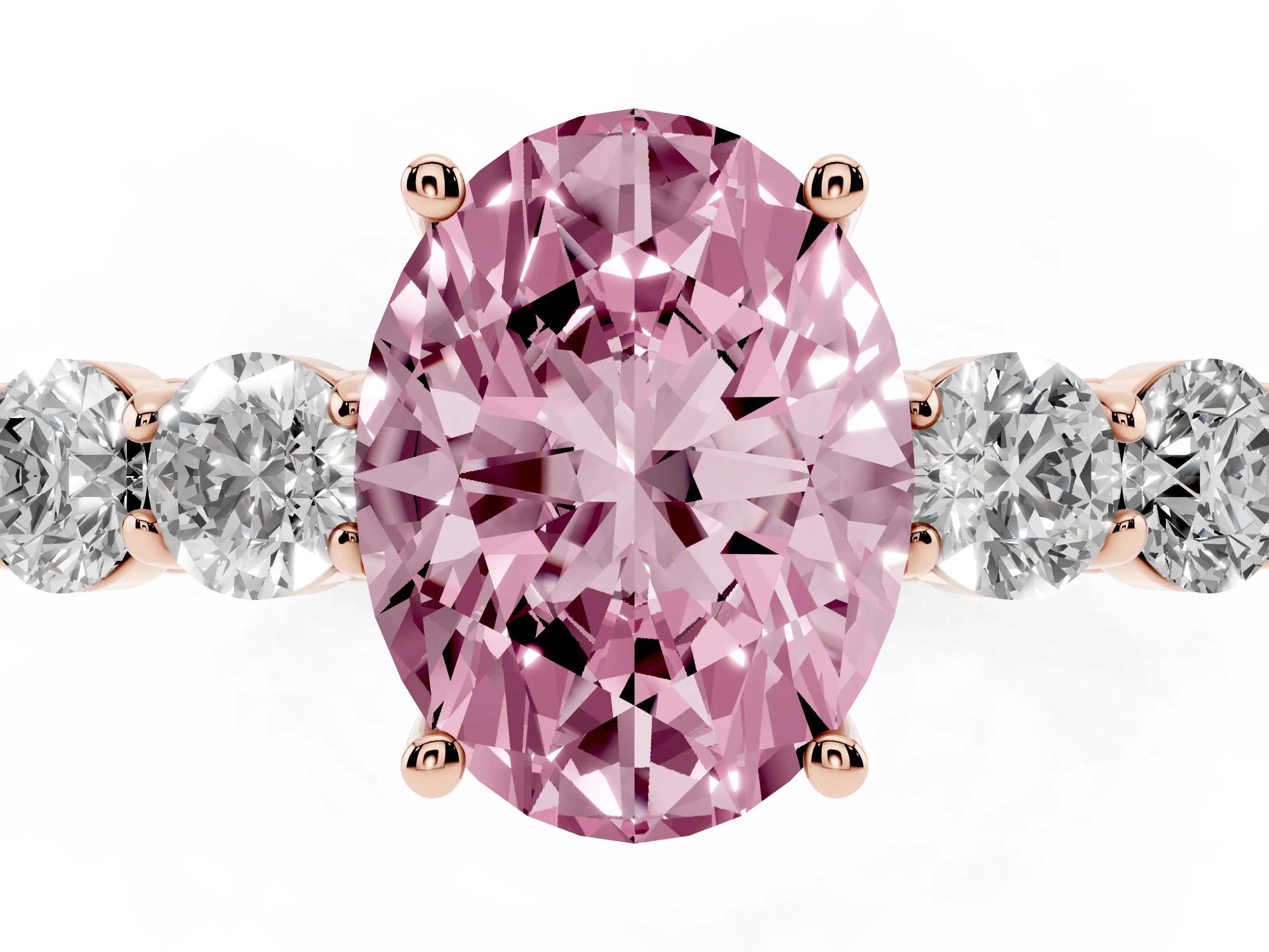 Fancy Pink Oval Cut Diamond Five-Stone Prong Set Band Ring Set in Rose gold with Polished Band