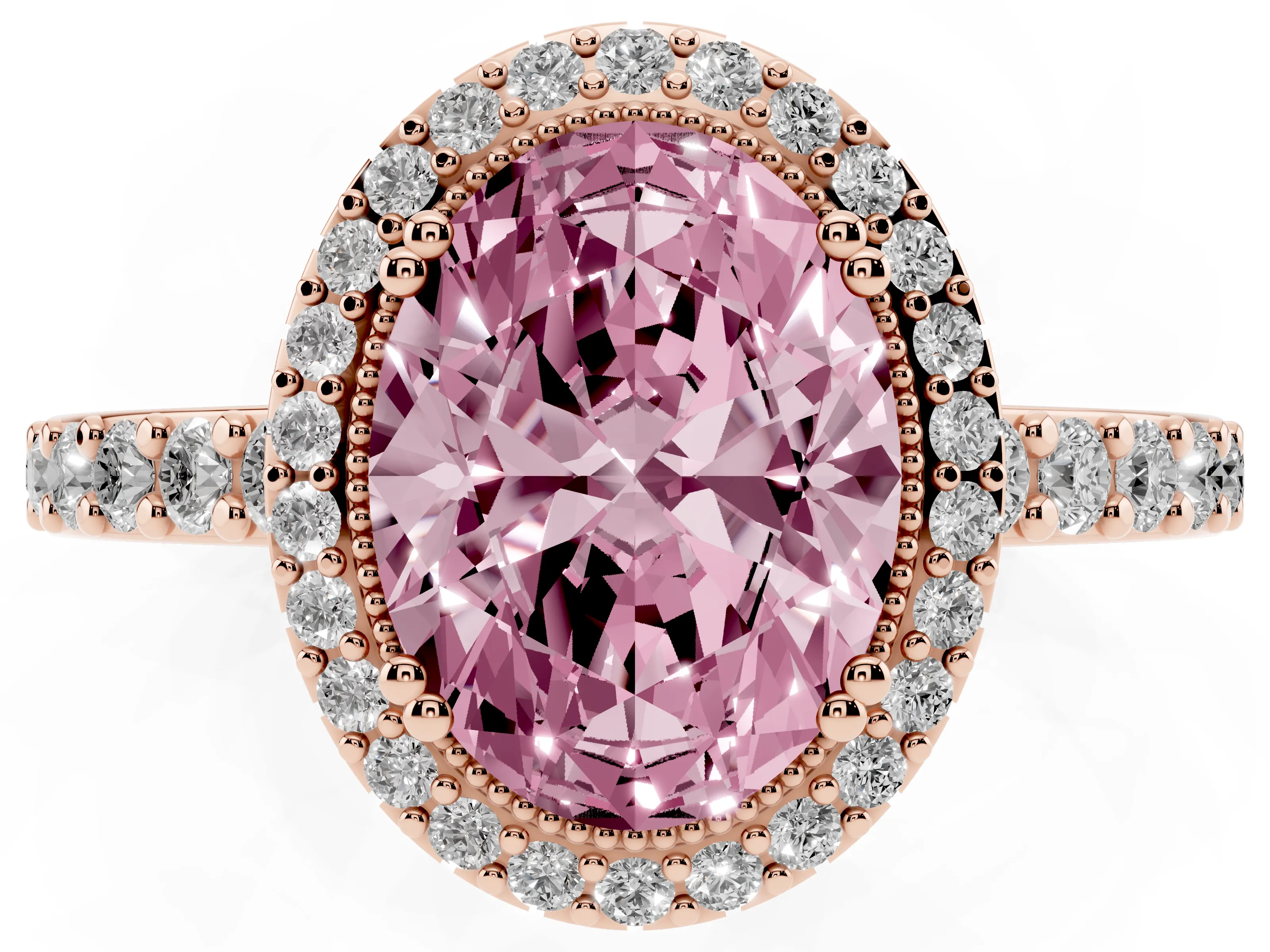 Fancy Pink Oval Cut Diamond Halo Engagement Ring Set in Rose gold with Milgrain Detail and Pavé Band