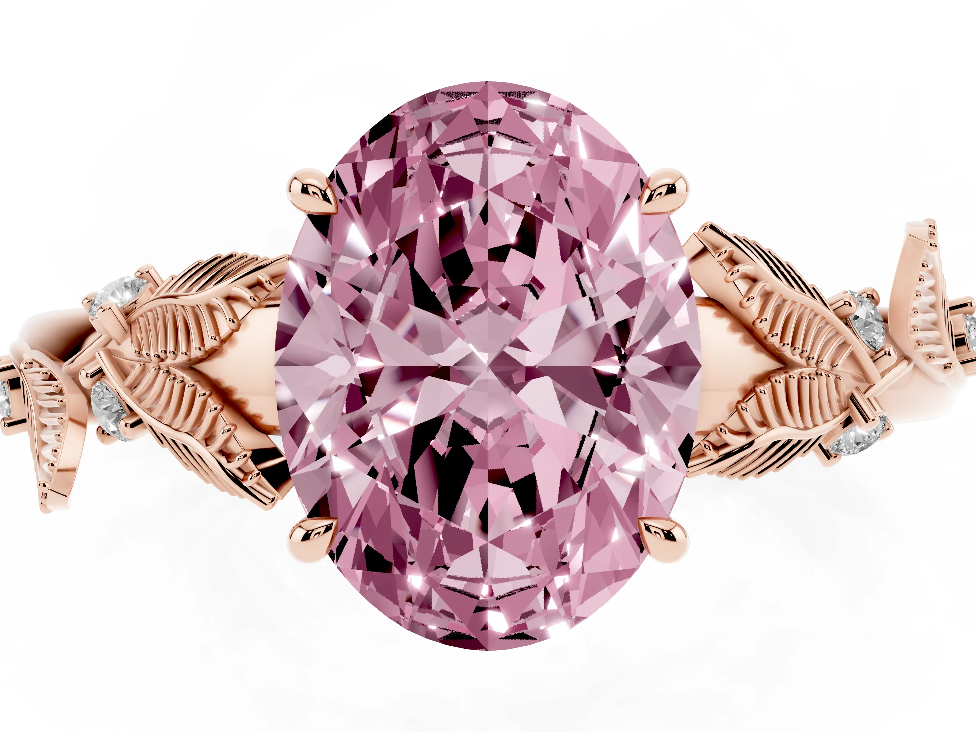 Fancy Pink Oval Cut Diamond Solitaire Ring Set in Rose gold with Leaf Motif Band