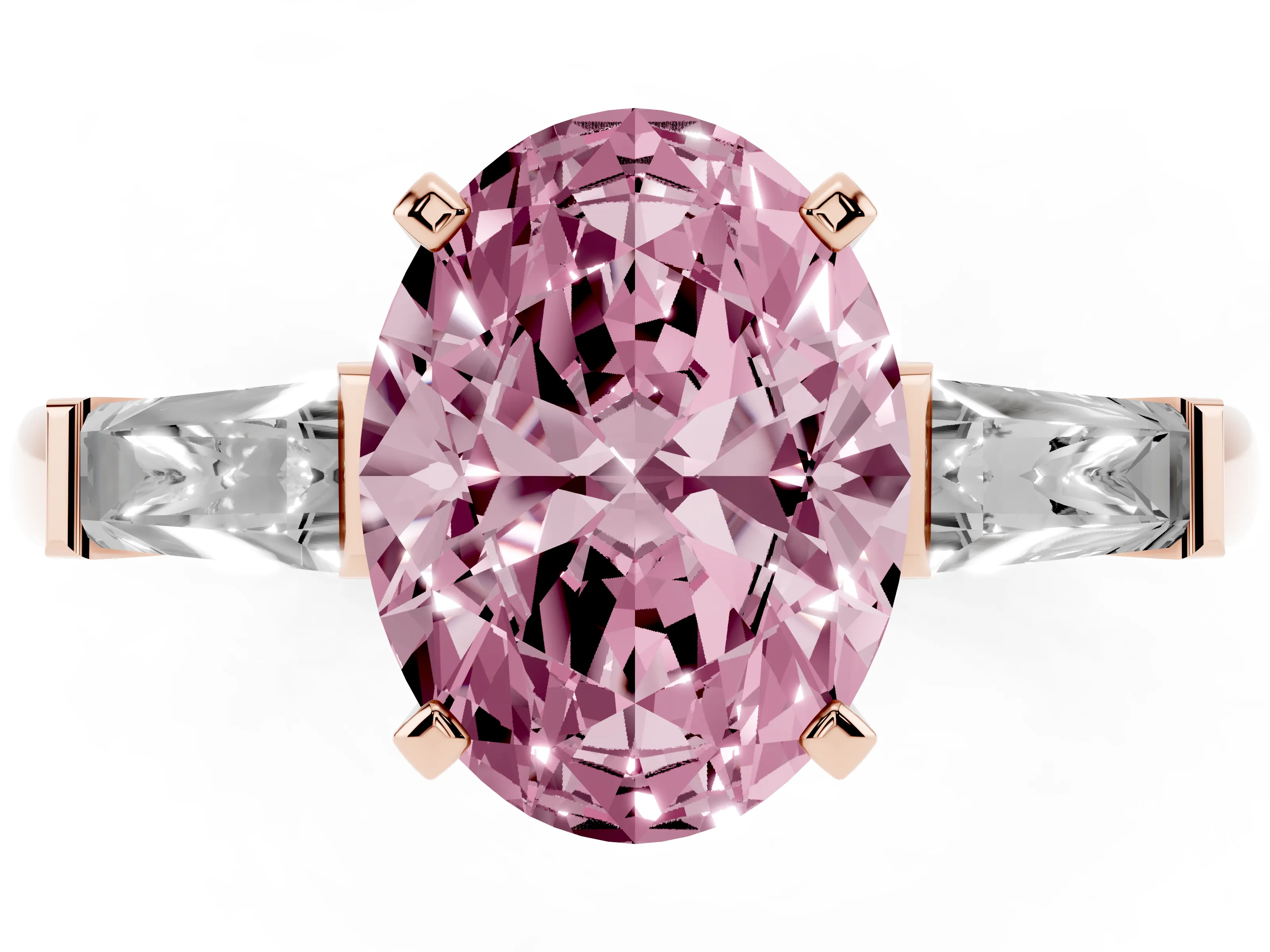Fancy Pink Oval Cut Diamond Solitaire Ring Set in Rose gold with Tapered Baguette Side Stones and Prong Setting