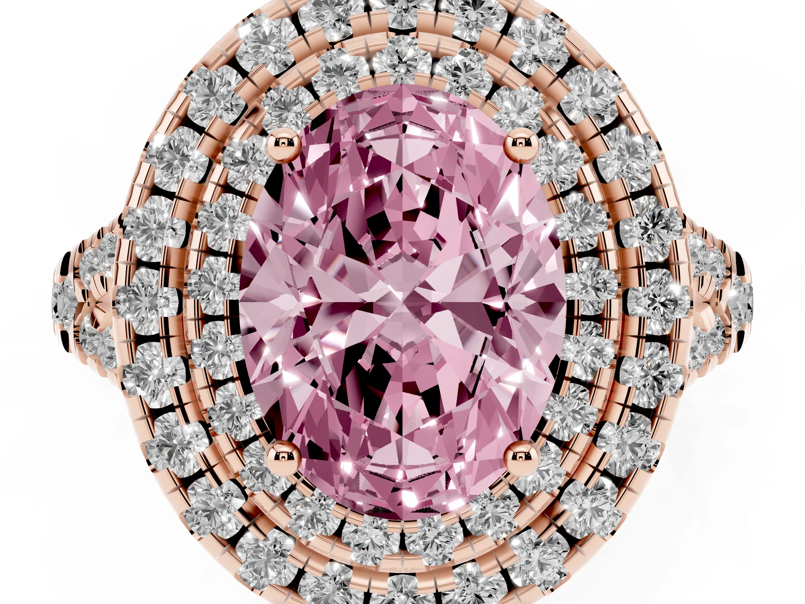 Fancy Pink Oval Cut Diamond Double Halo Ring Set in Rose gold with Pavé Split Shank and Prong Setting