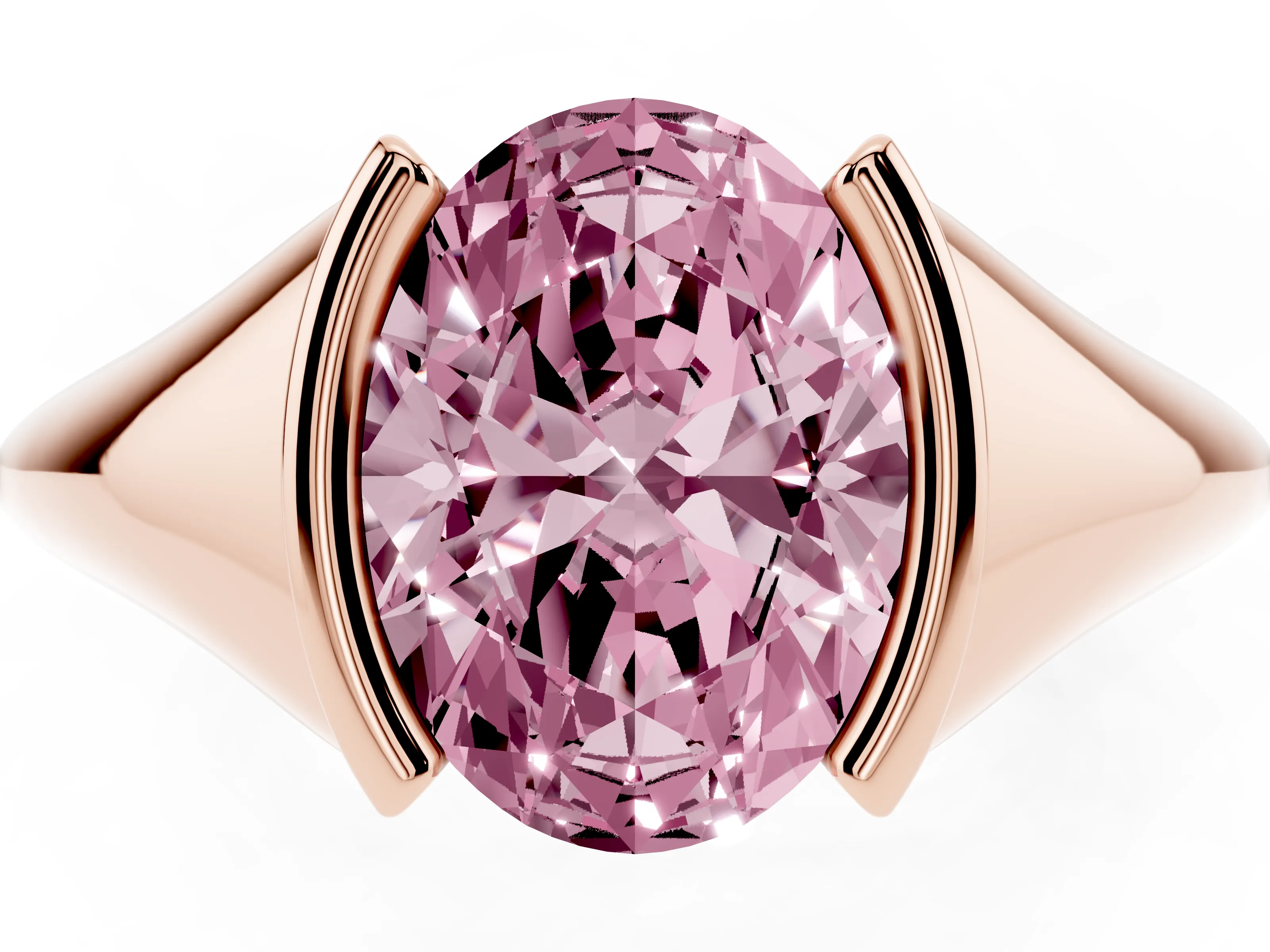 Fancy Pink Oval Cut Diamond Solitaire Tension Set Ring Set in Rose gold