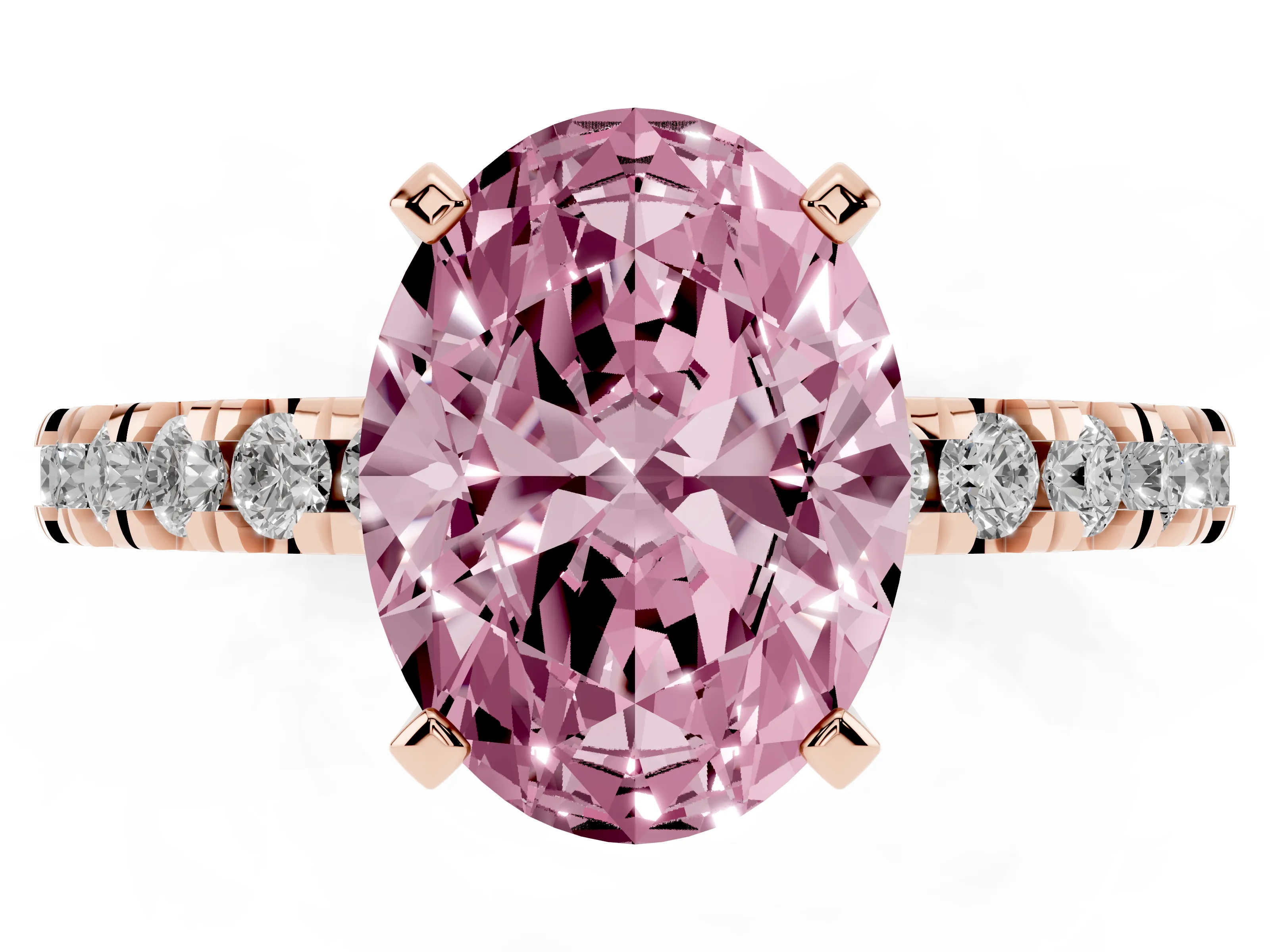 Fancy Pink Oval Cut Diamond Pavé Band Solitaire Set in Rose gold with Prong Setting
