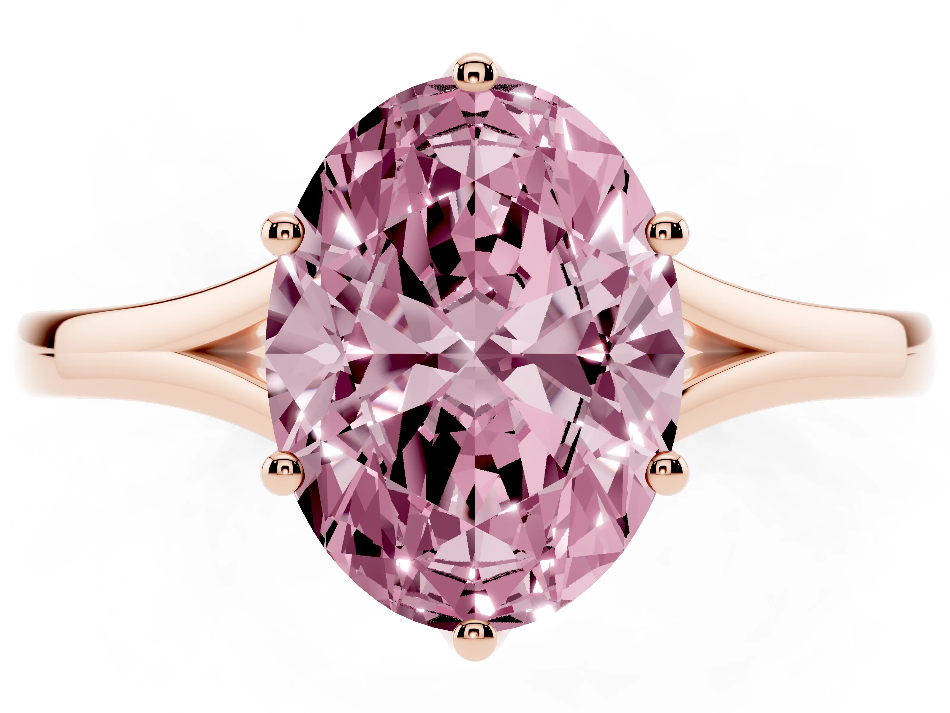 Fancy Pink Oval Cut Diamond Solitaire Ring Set in Rose gold with Polished Tapered Band and Prong Setting