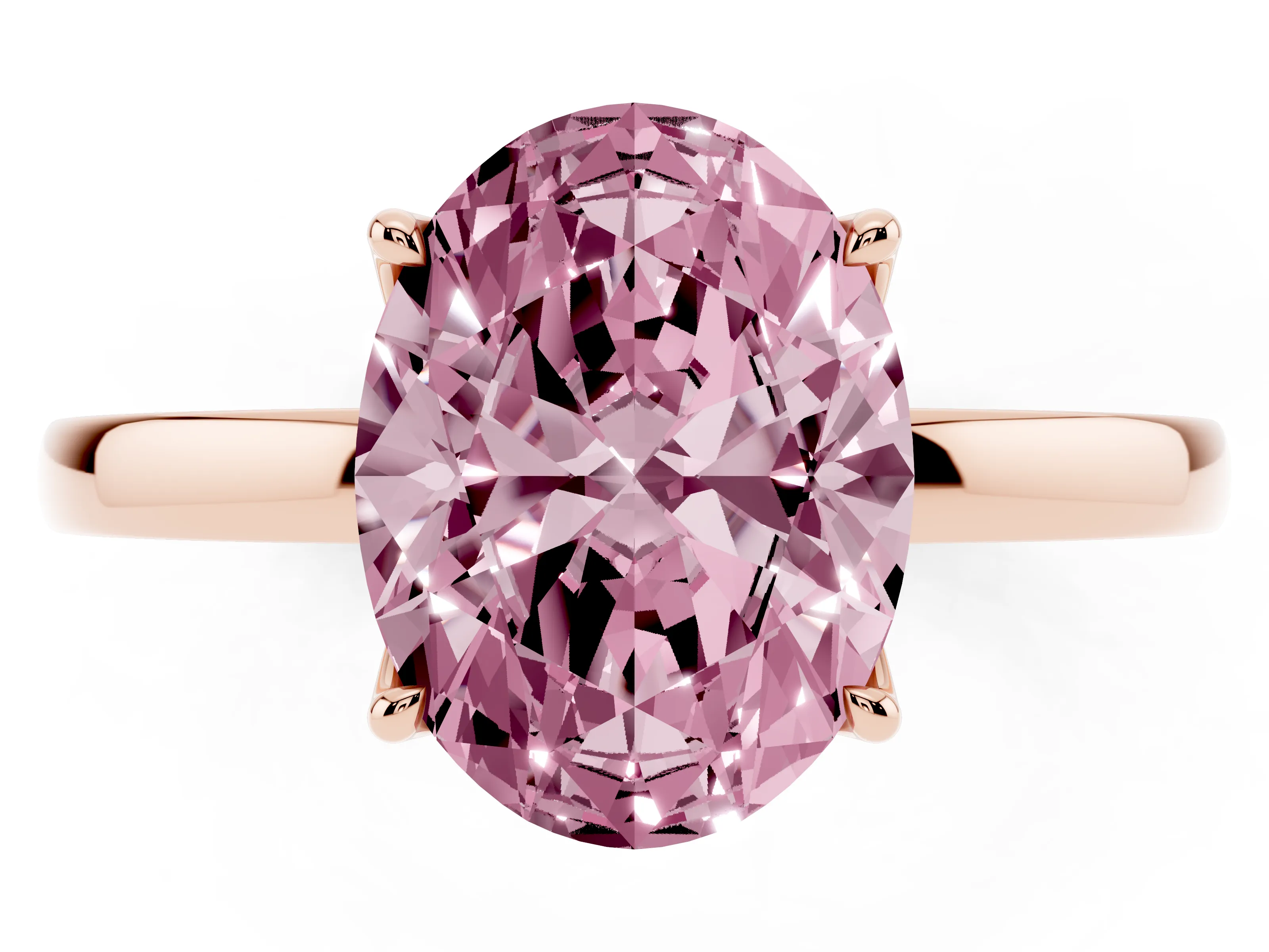 Fancy Pink Oval Cut Diamond Solitaire Ring Set in Rose gold with Prong Setting and Thin Polished Band