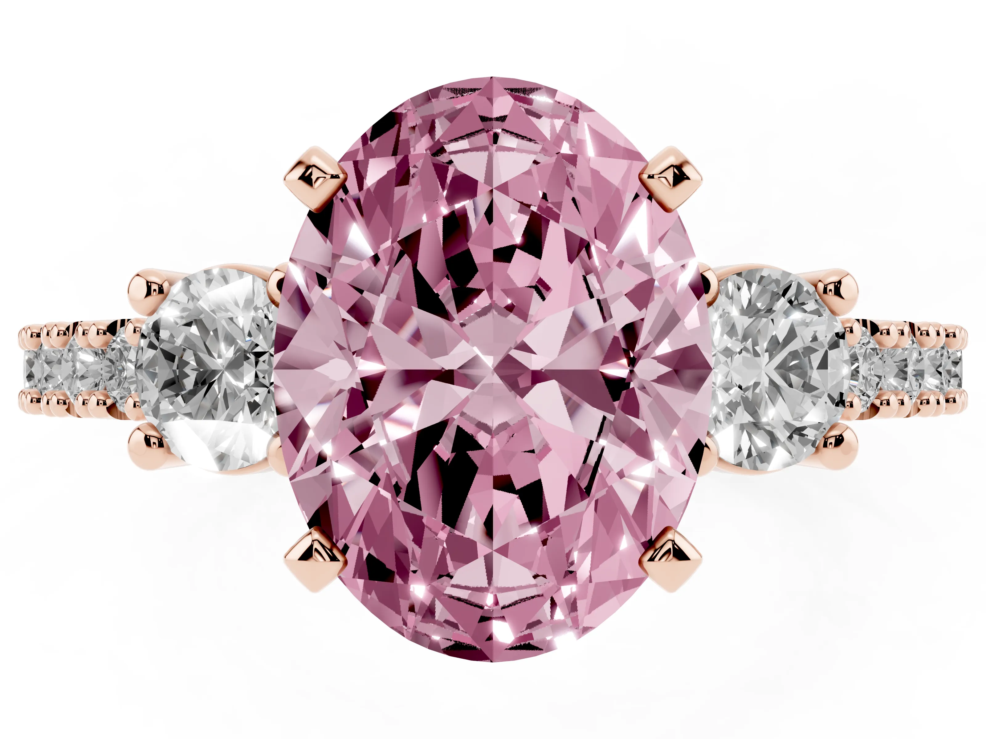 Fancy Pink Three-Stone Oval Cut Diamond Pavé Band Ring Set in Rose gold with Prong Setting