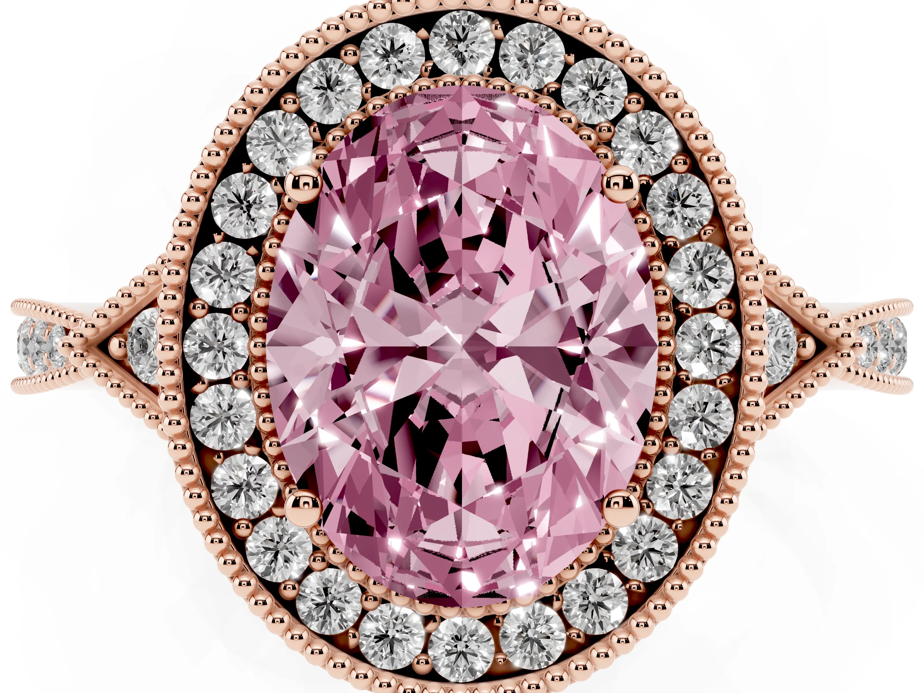 Fancy Pink Oval Cut Diamond Halo Engagement Ring Set in Rose gold with Milgrain Pavé Band