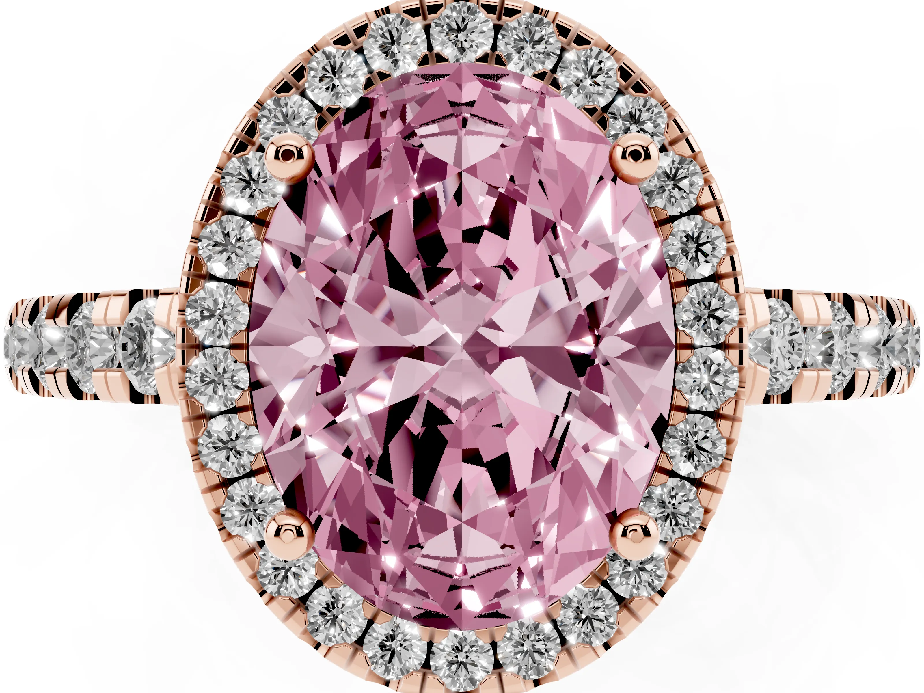 Fancy Pink Oval Cut Diamond Halo Ring Set in Rose gold with Delicate Pavé Band and Prong Setting