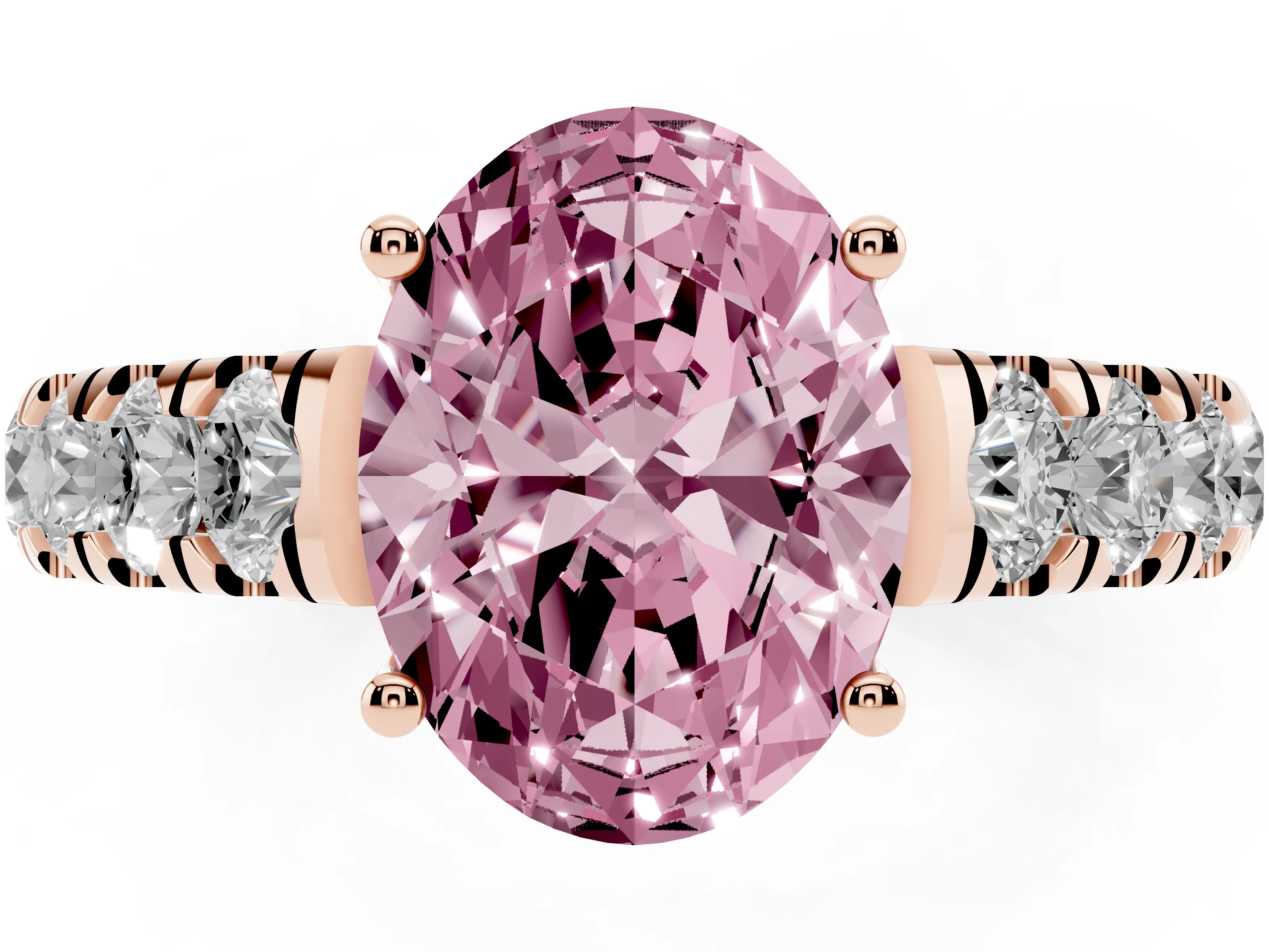 Fancy Pink Oval Cut Diamond Solitaire Ring Set in Rose gold with Cut-Down Micro Pavé Band and Prong Setting