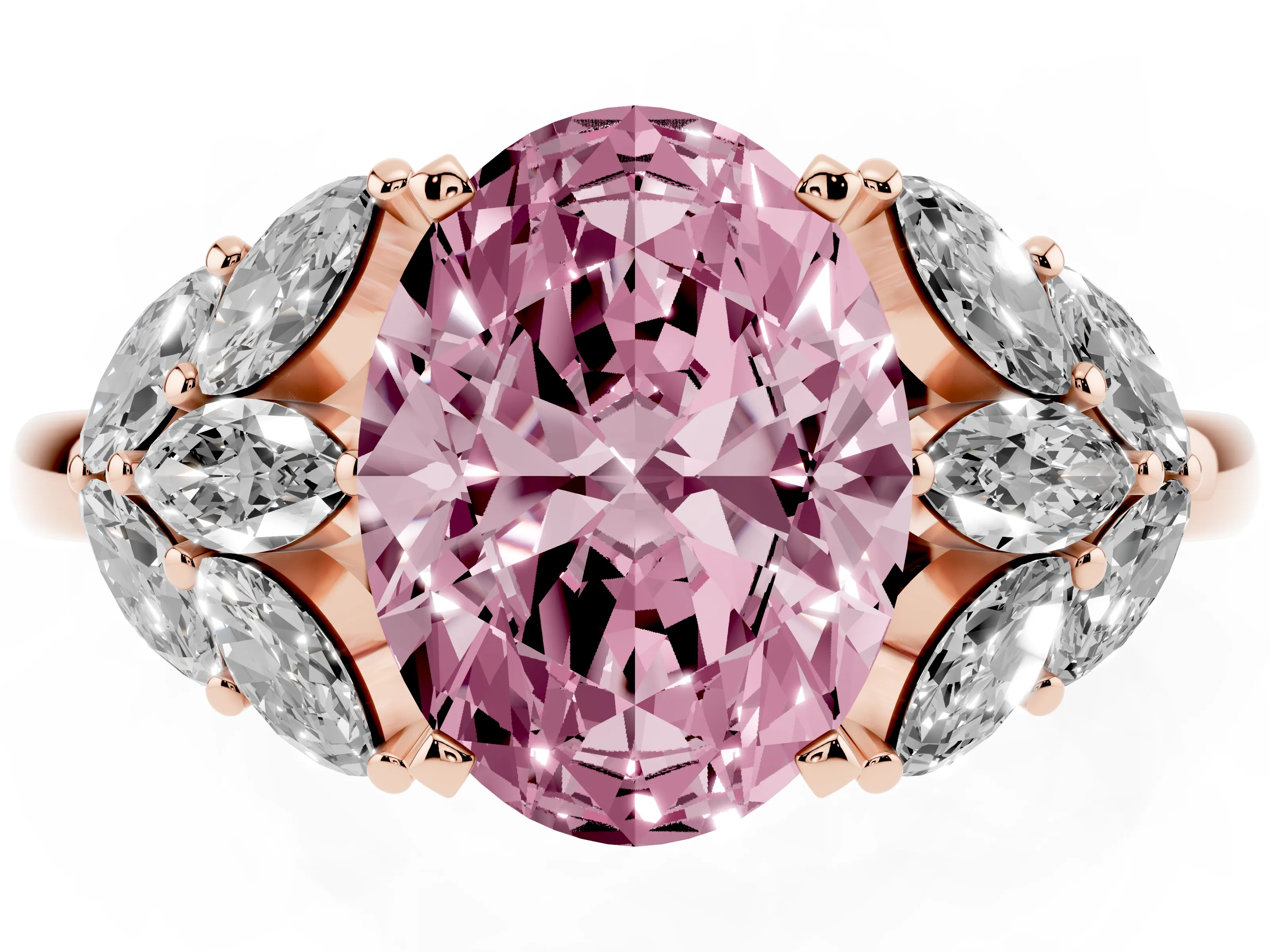 Fancy Pink Oval Cut Diamond Cluster Leaf Design Ring Set in Rose gold with Prong Setting