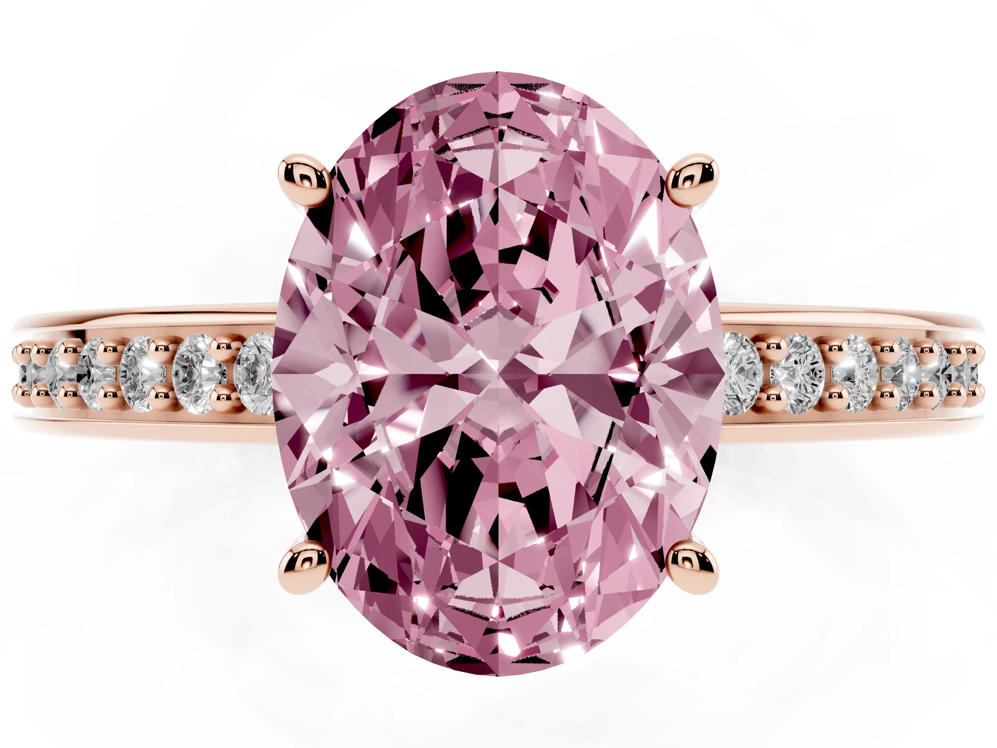 Fancy Pink Oval Cut Diamond Pavé Band Prong Set Solitaire Ring Set in Rose gold
