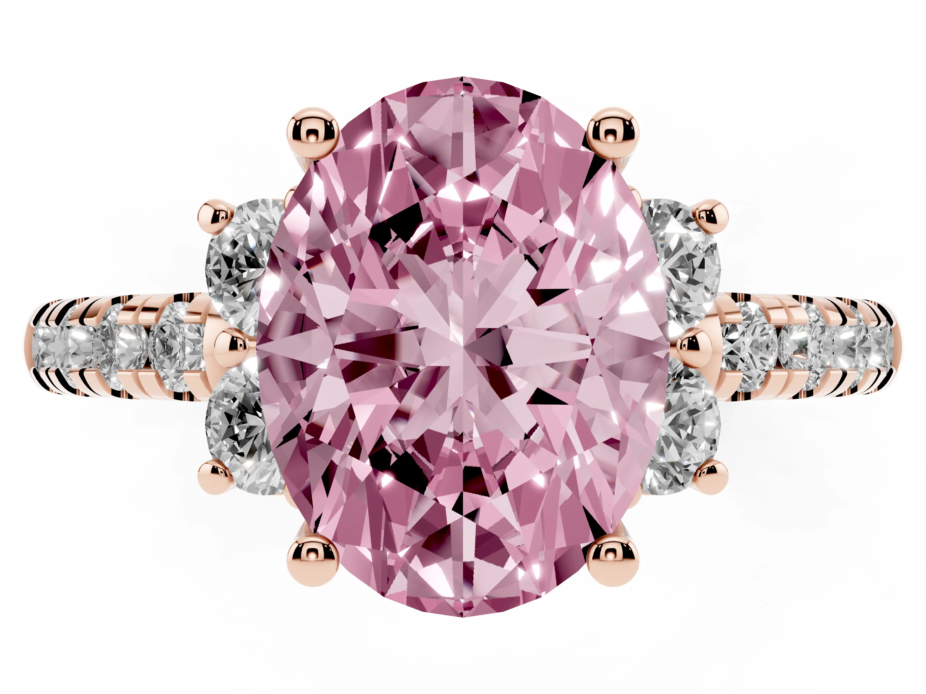 Fancy Pink Oval Cut Diamond Three-Stone Pavé Ring Set in Rose gold with Prong Setting