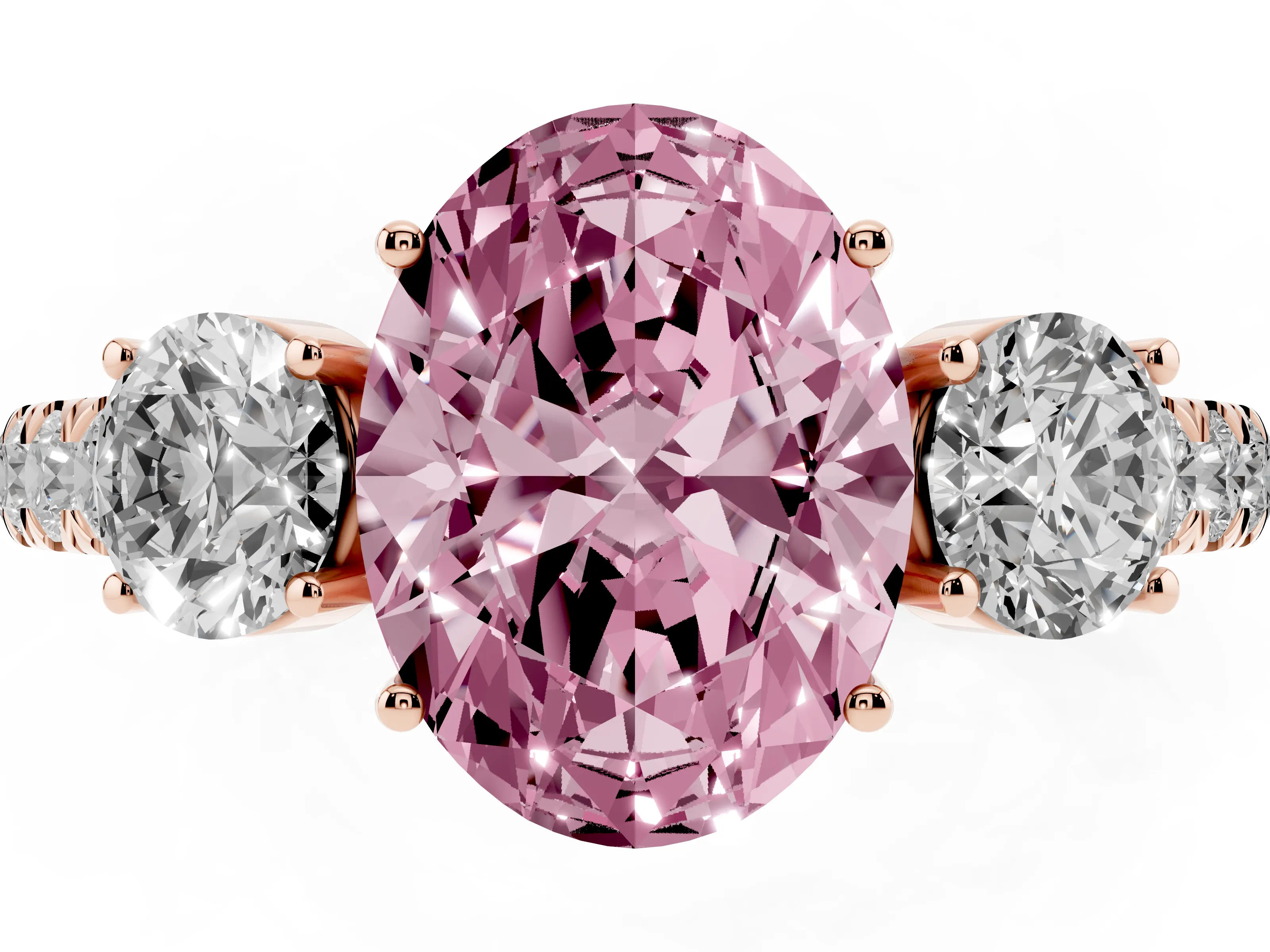 Fancy Pink Oval Cut Diamond Three-Stone Ring Set in Rose gold with Round Side Stones and Delicate Pavé Band