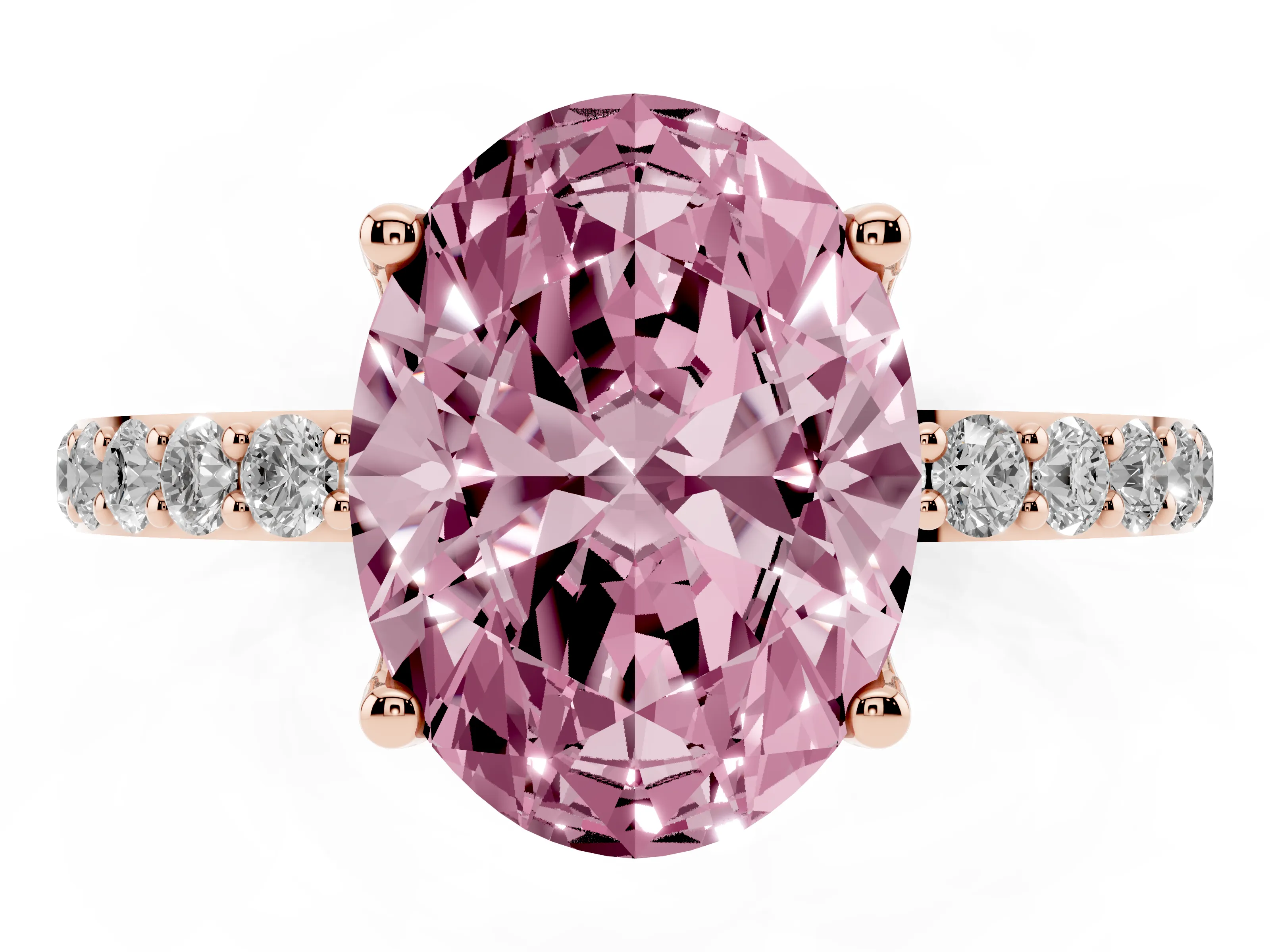 Fancy Pink Oval Cut Diamond Solitaire Engagement Ring Set in Rose gold with Round Pavé Band and Prong Setting