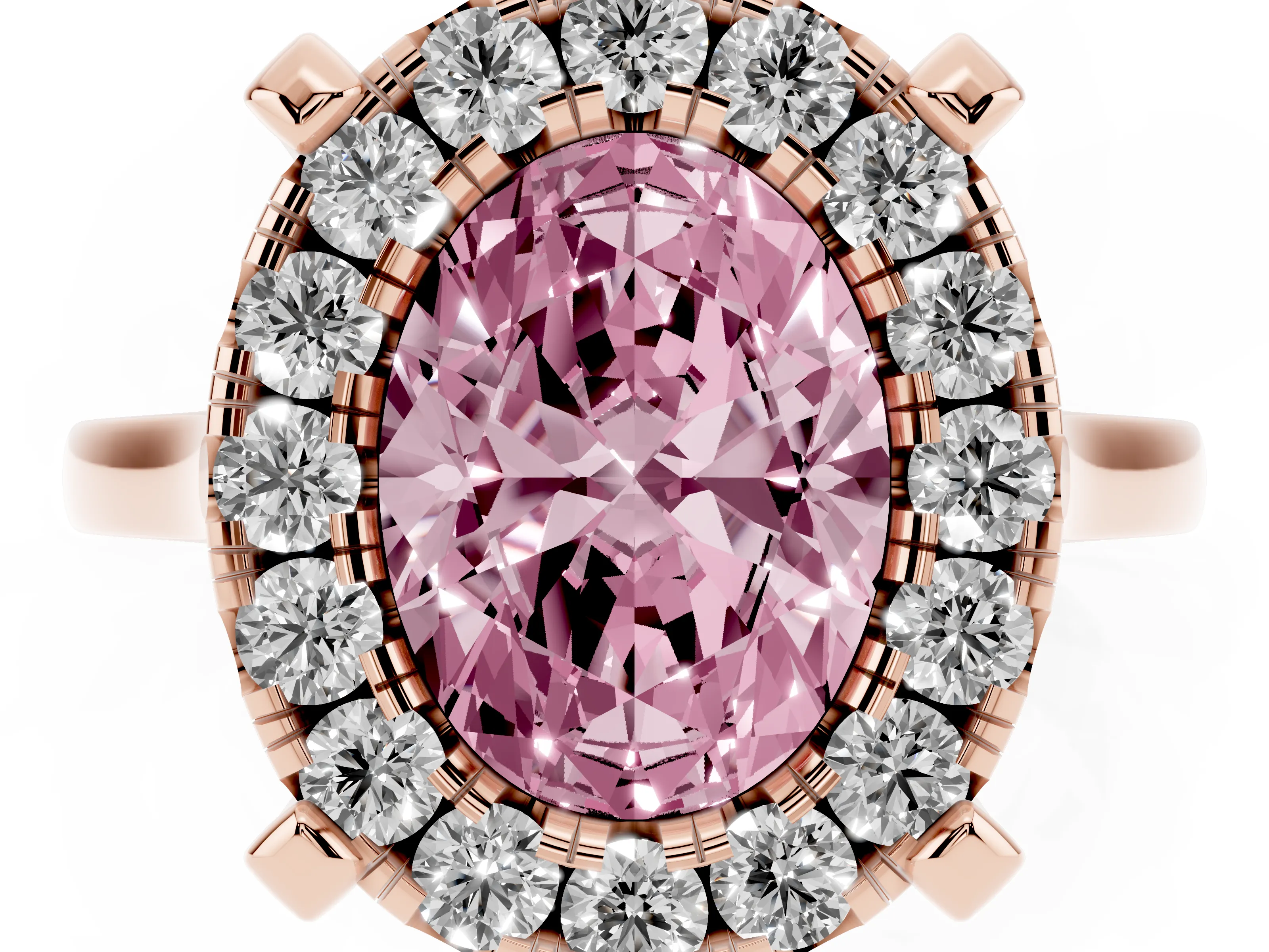 Fancy Pink Oval Cut Diamond Cluster Halo Solitaire Ring Set in Rose gold with Prong Setting