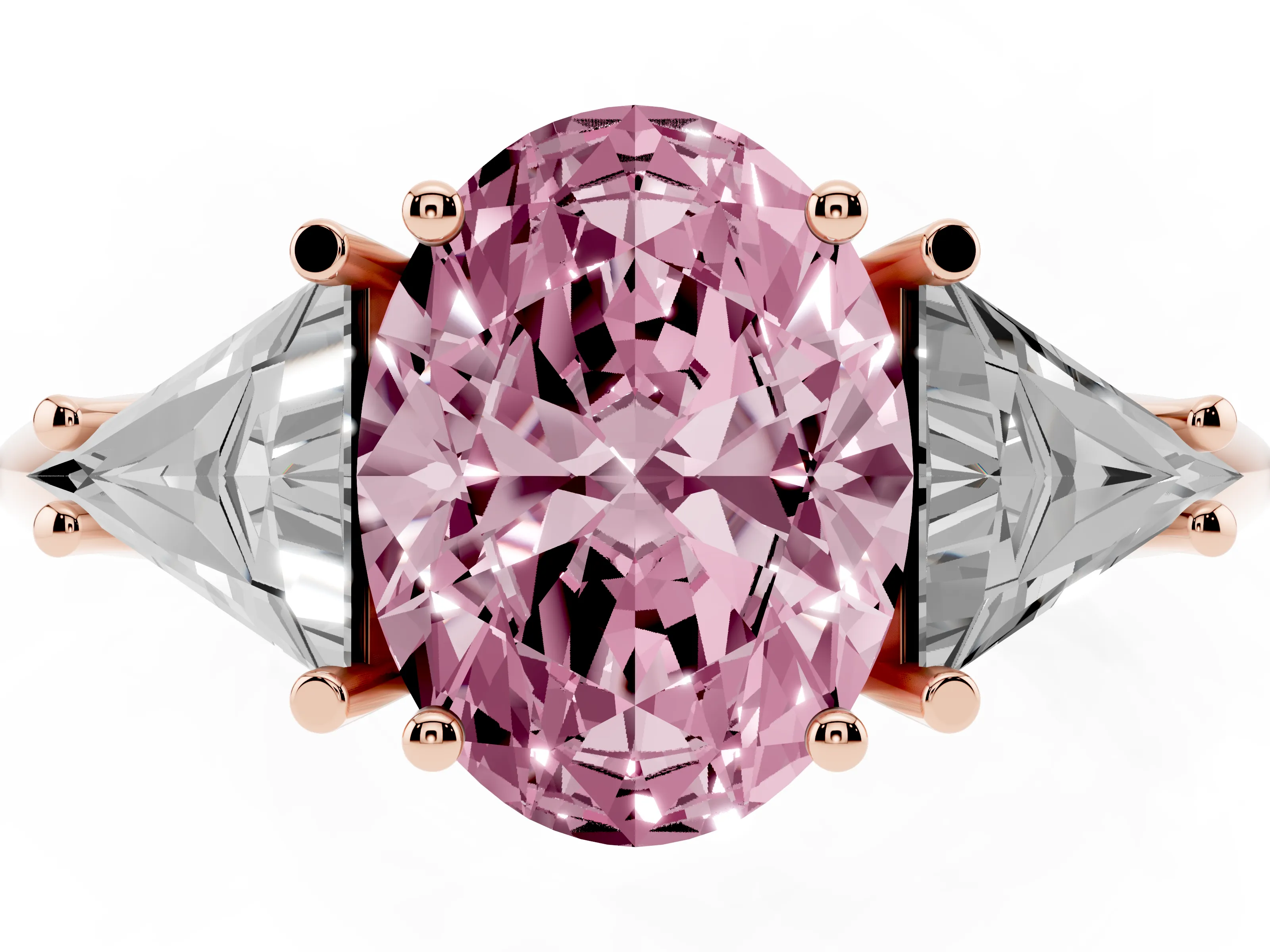 Fancy Pink Oval Cut Diamond Three-Stone Engagement Ring Set in Rose gold with Trillion Side Stones