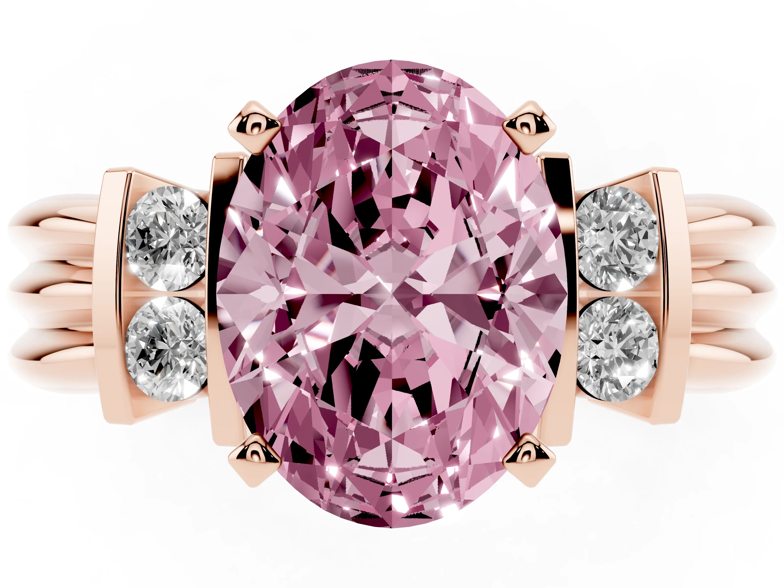 Fancy Pink Three-Stone Oval Cut Diamond Channel Set Ring Set in Rose gold with Bar Prongs
