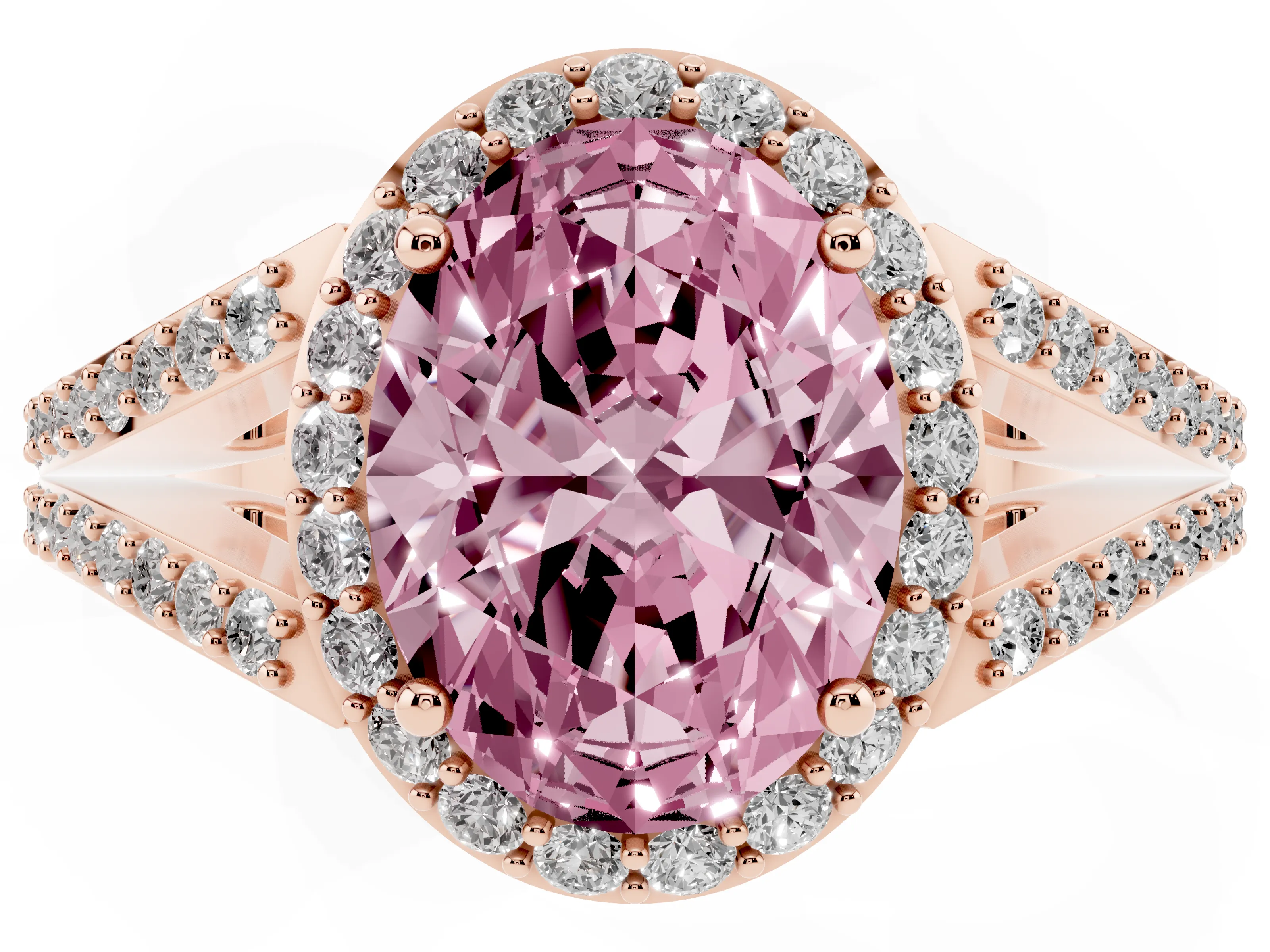 Fancy Pink Oval Cut Diamond Halo Split Shank Ring Set in Rose gold with Accent Stones and Prong Setting