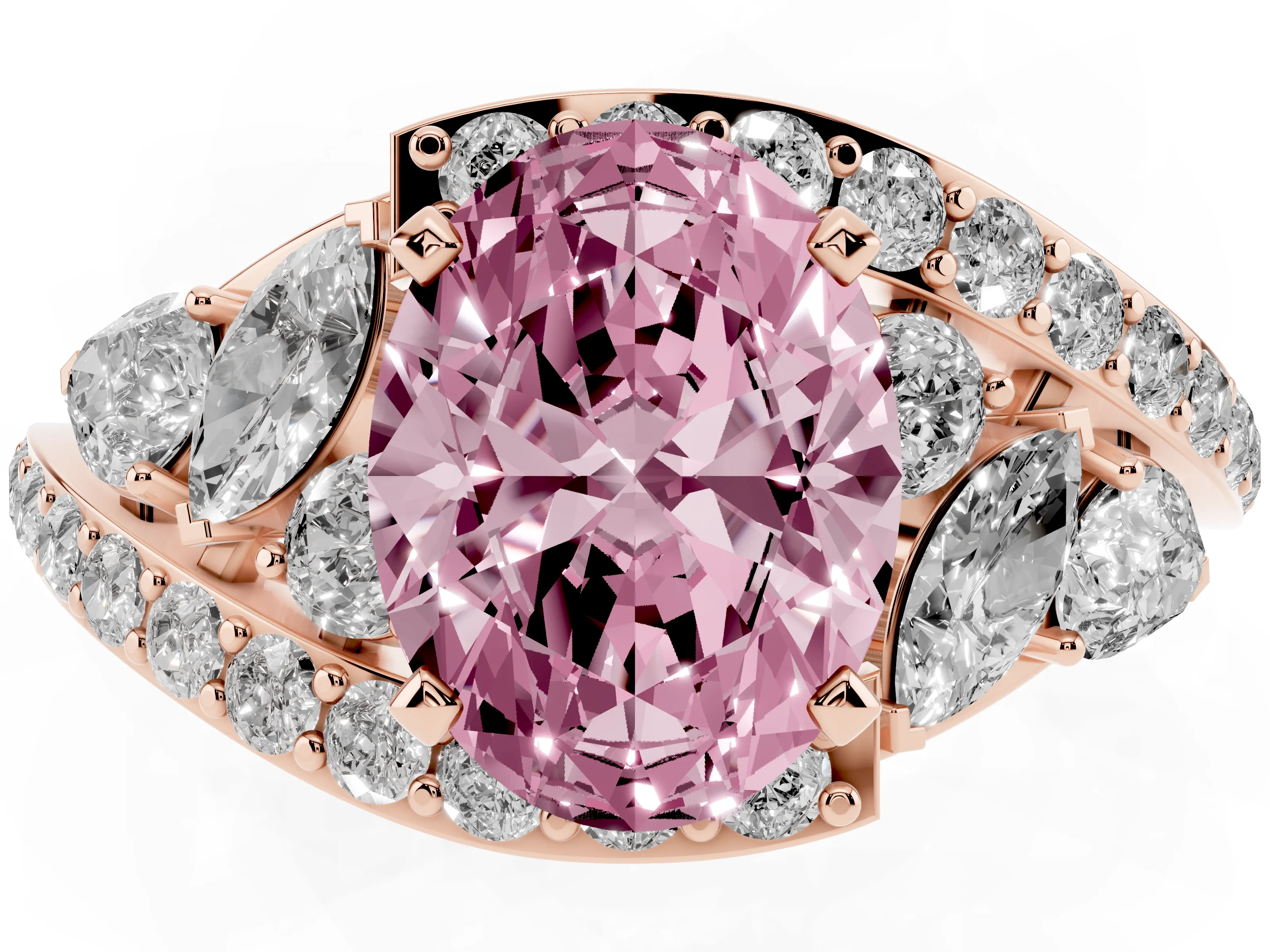 Fancy Pink Oval Cut Diamond Halo Ring Set in Rose gold with Marquise and Pavé Band in Prong Setting