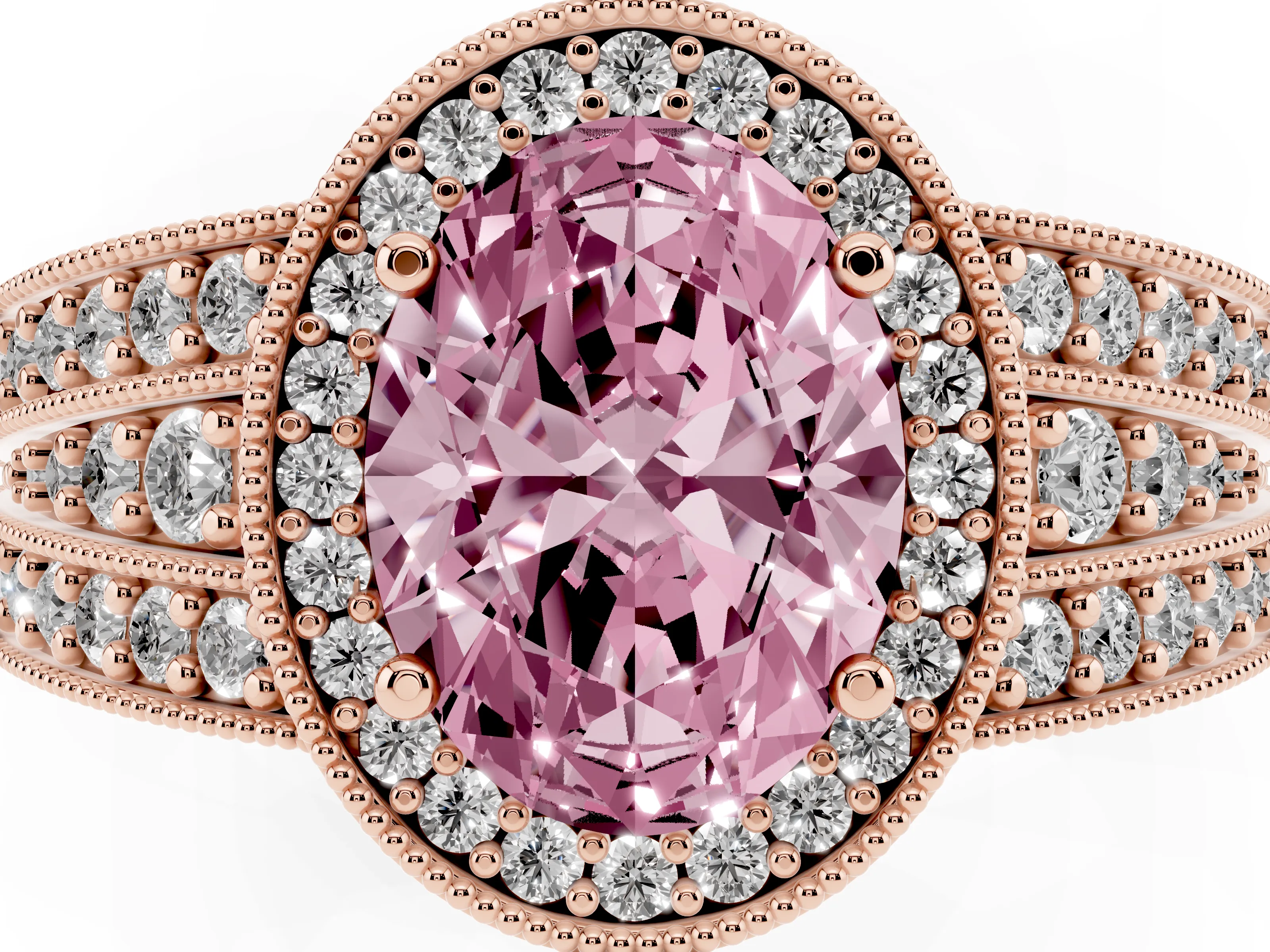 Fancy Pink Oval Cut Diamond Halo Ring Set in Rose gold with Accent Split Shank and Prong Setting