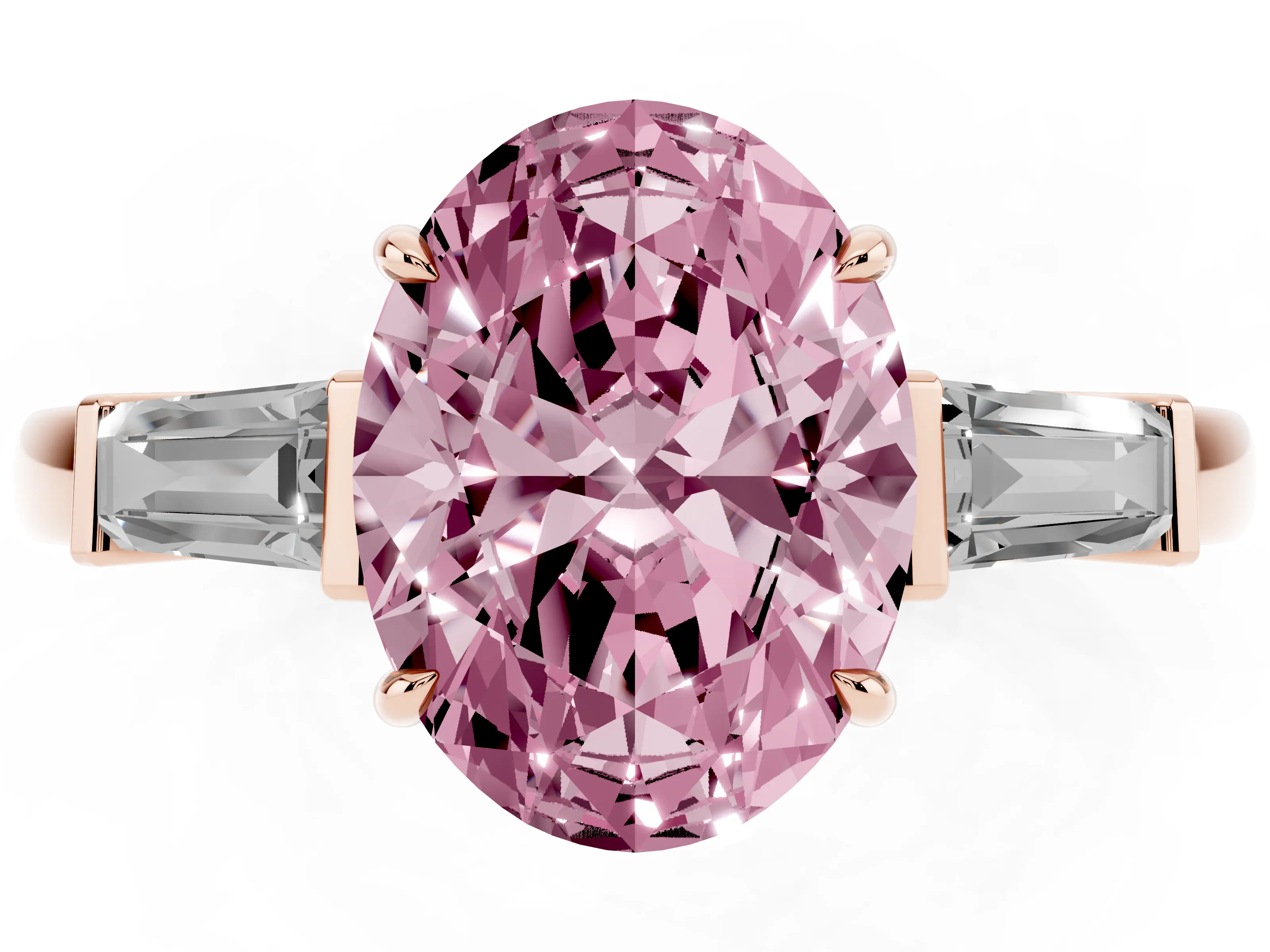 Fancy Pink Oval Cut Diamond Three-Stone Ring Set in Rose gold with Tapered Baguette Side Stones and Prong Setting